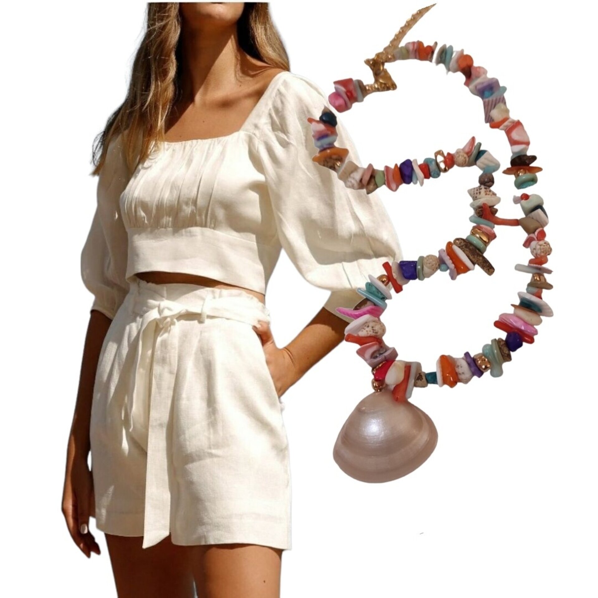 Collar concha nacarada, cuentas de conchas multicolor - 8