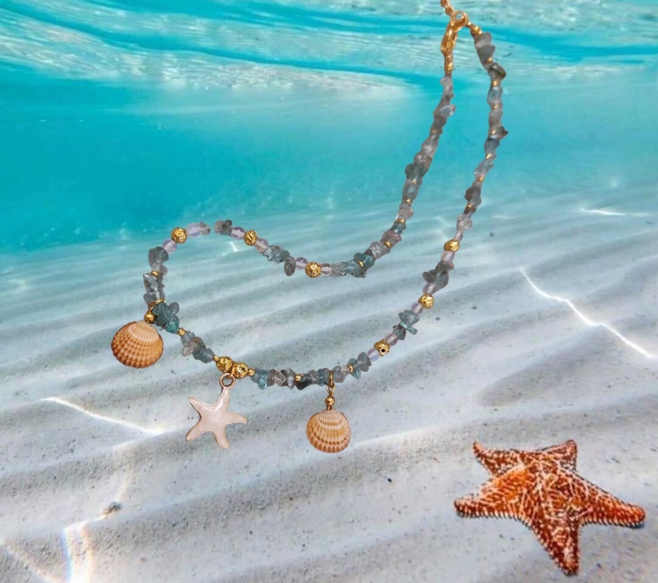 Collar gargantilla agua marina y estrella de mar blanca. - 9