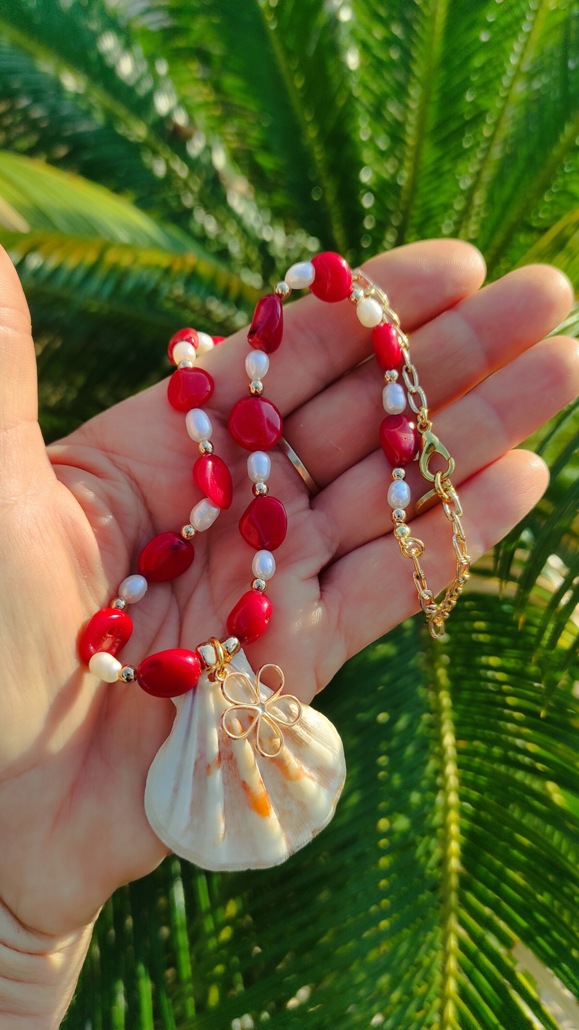 Collar Concha de vieira con flor, coral rojo y perla natural - 5