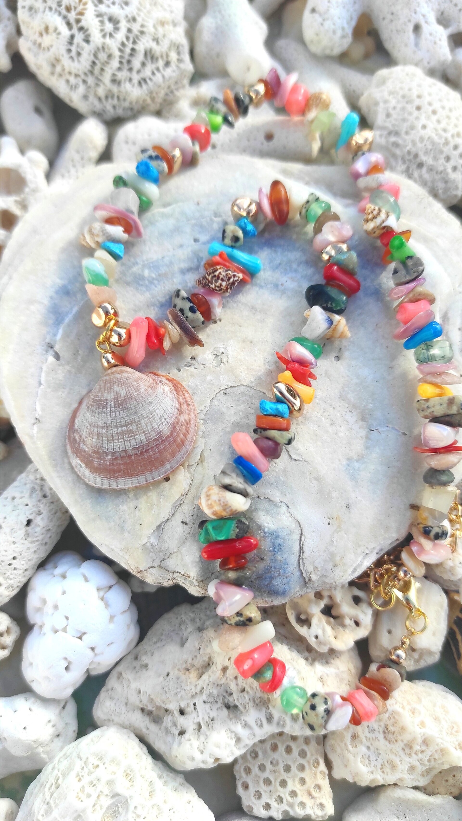 Collar concha, piedras, nácar y coral multicolor - 2