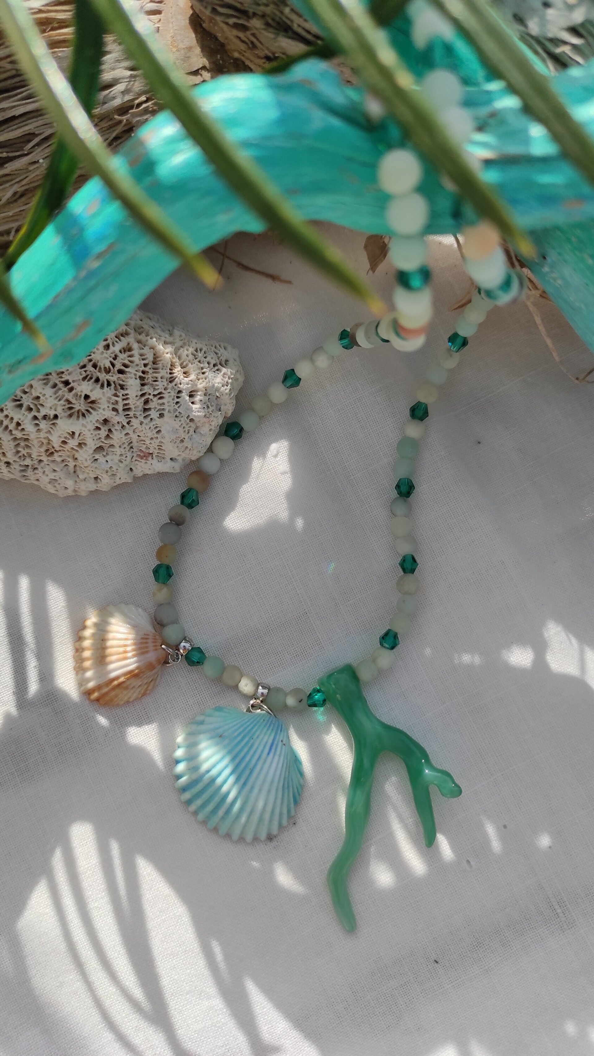 Collar Concha verde mar, coral verde y amazonitas - 3