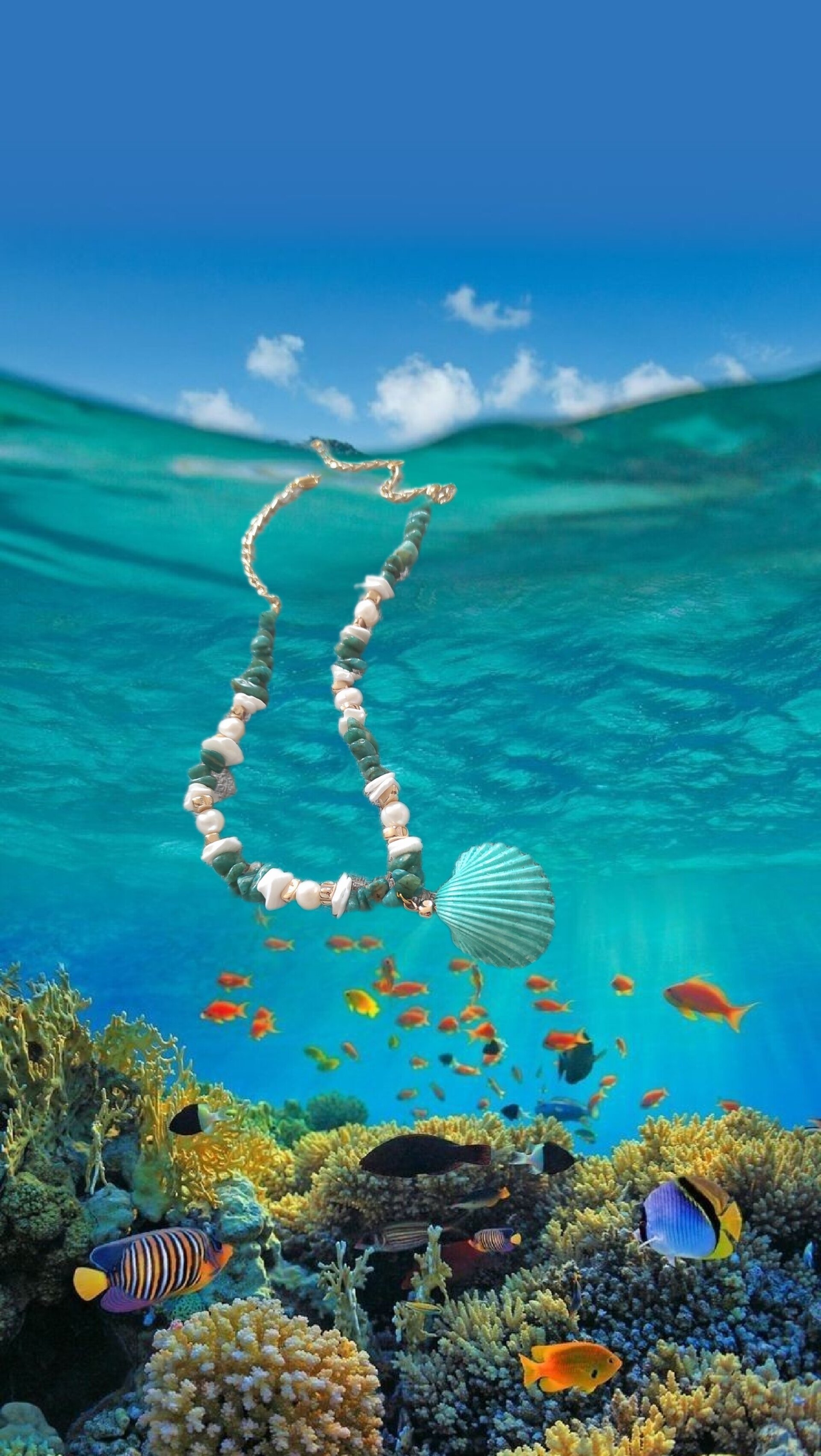 Collar piedras amazonitas y concha marina verde mar - 8
