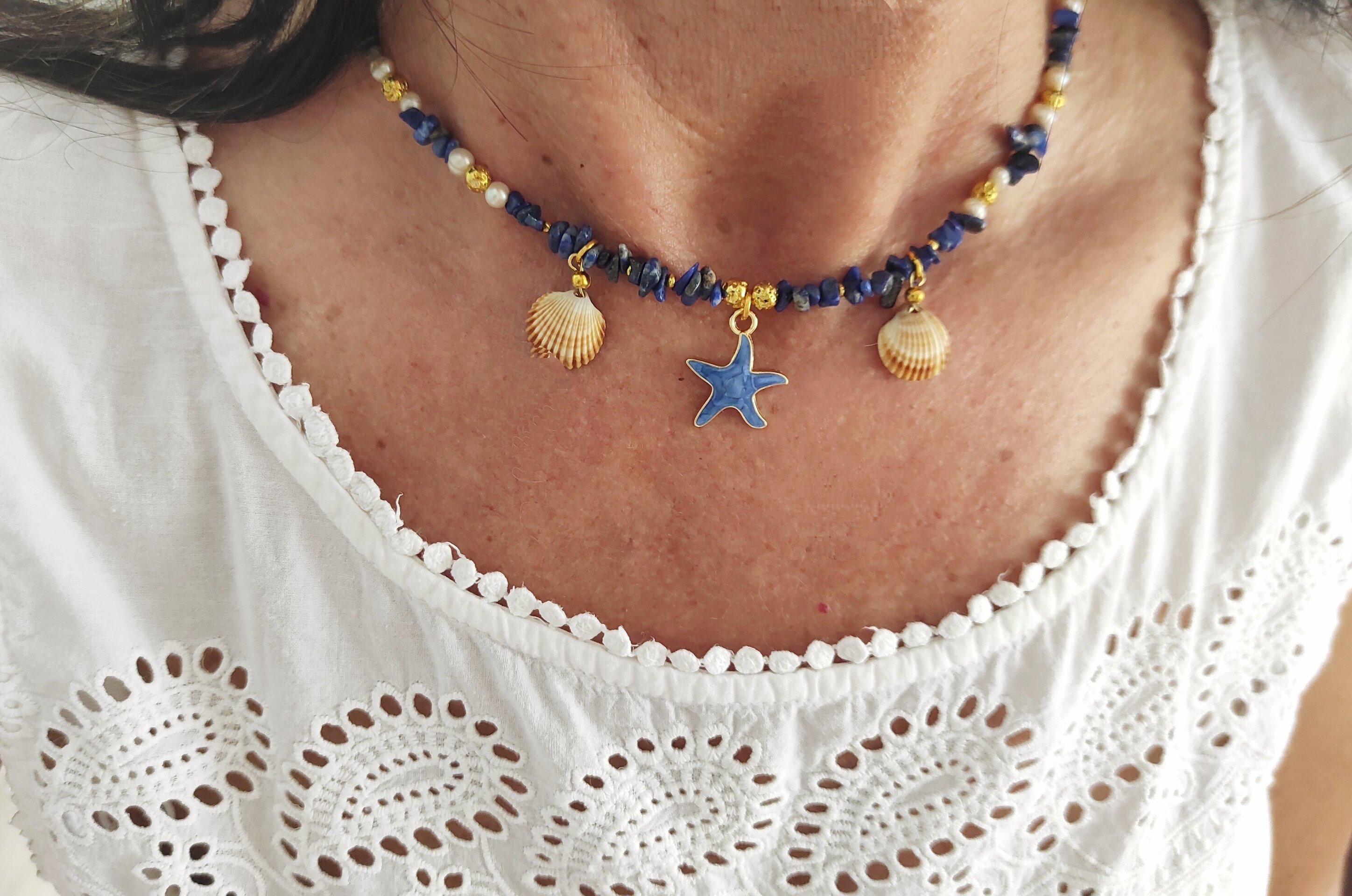Collar gargantilla lapizlázuli y estrella de mar azul - 6