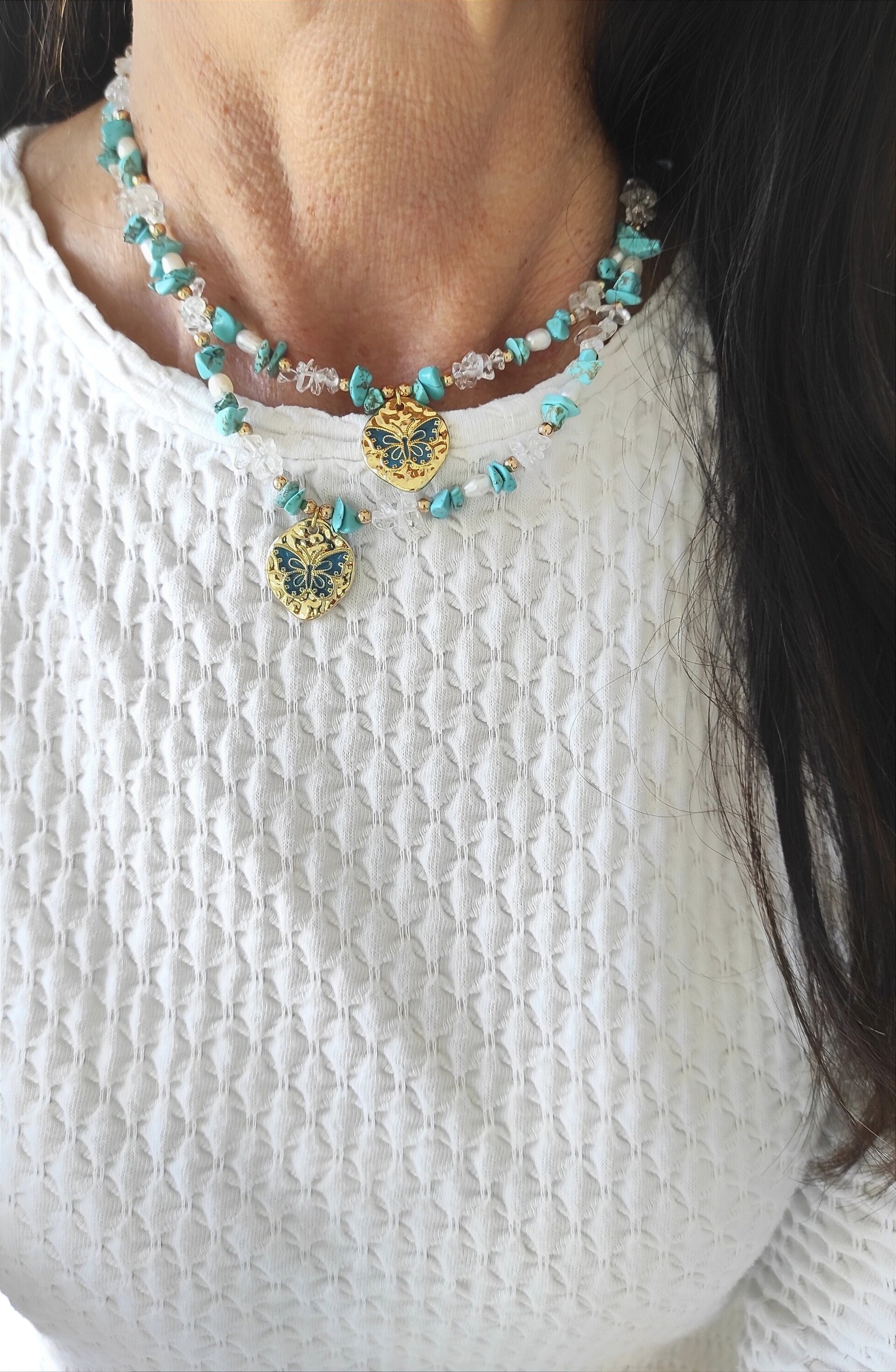 Collar piedras turquesa,cuarzo, perla y mariposa - 7