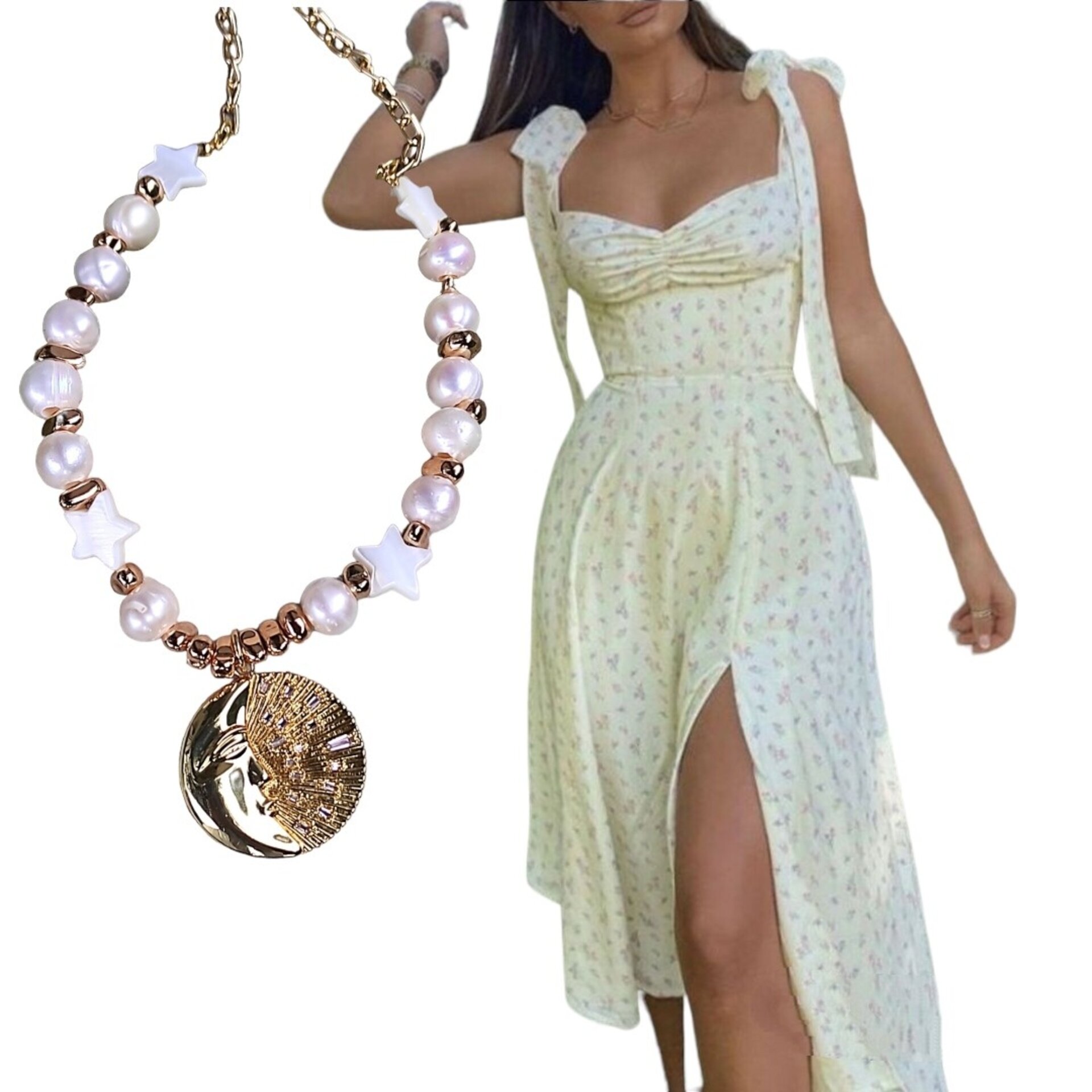 Collar luna y estrella de nácar con perlas - 9