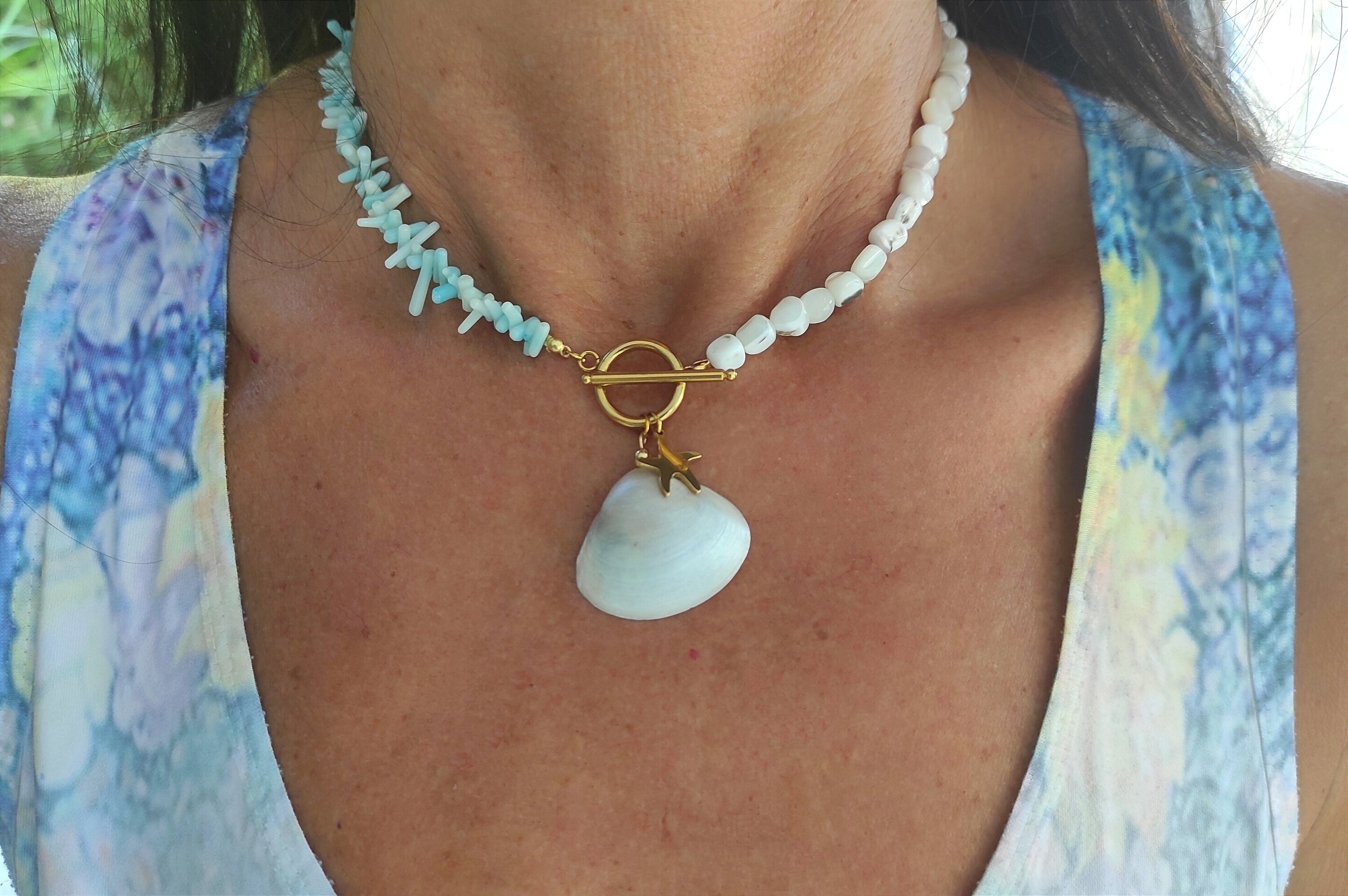 Collar coral bambú azul y nácar - 3