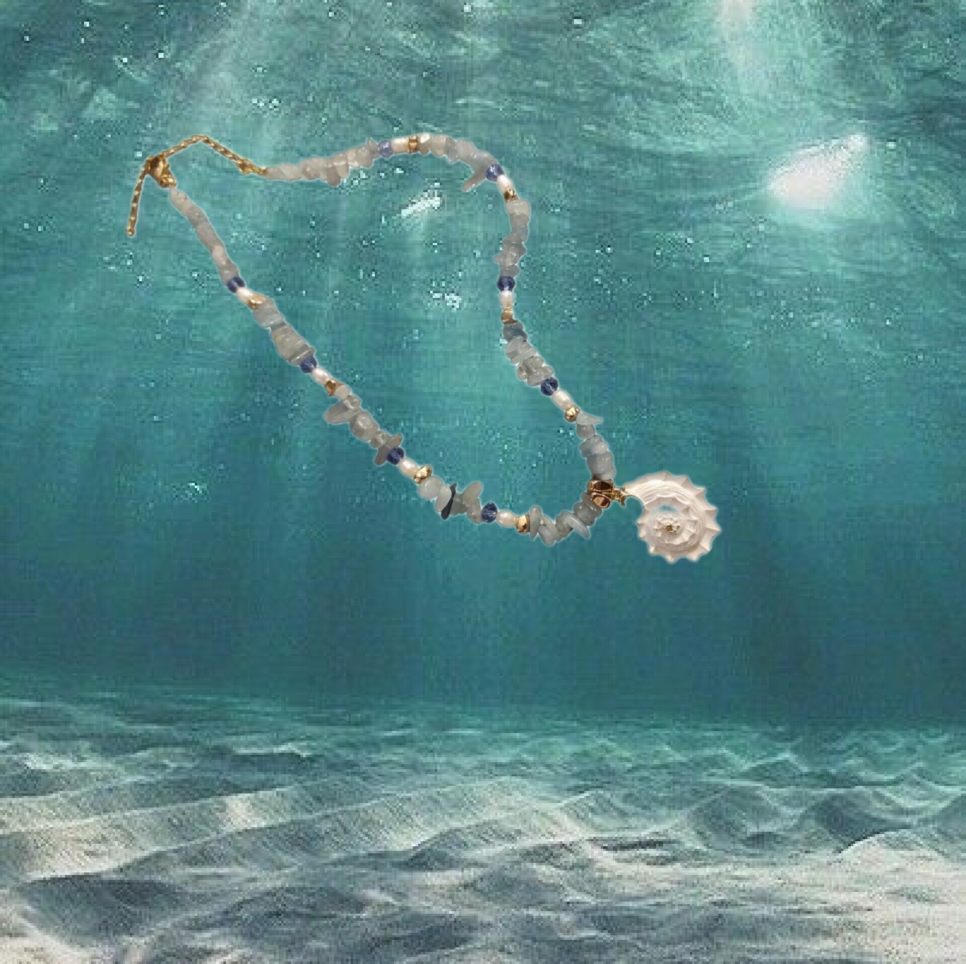Collar piedras agua marina y caracol esmaltada - 9