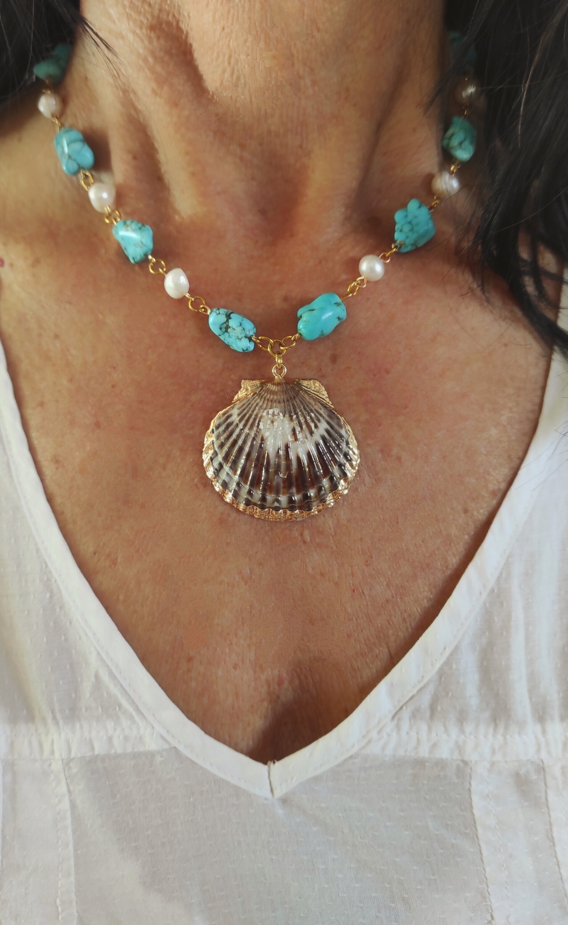Collar turquesa china y perla natural con concha marina - 4