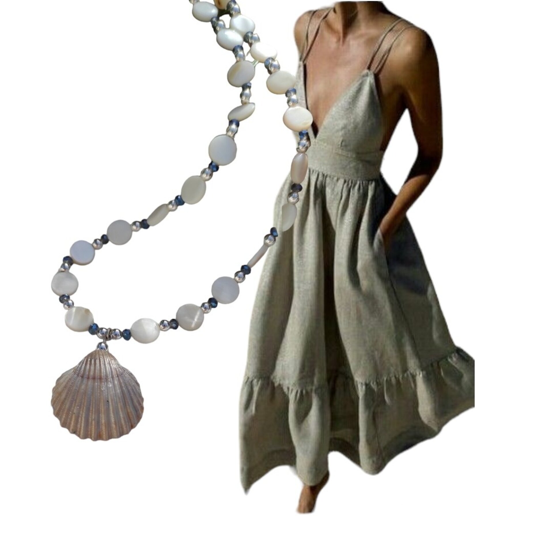 Collar Concha gris plata y nacar - 6