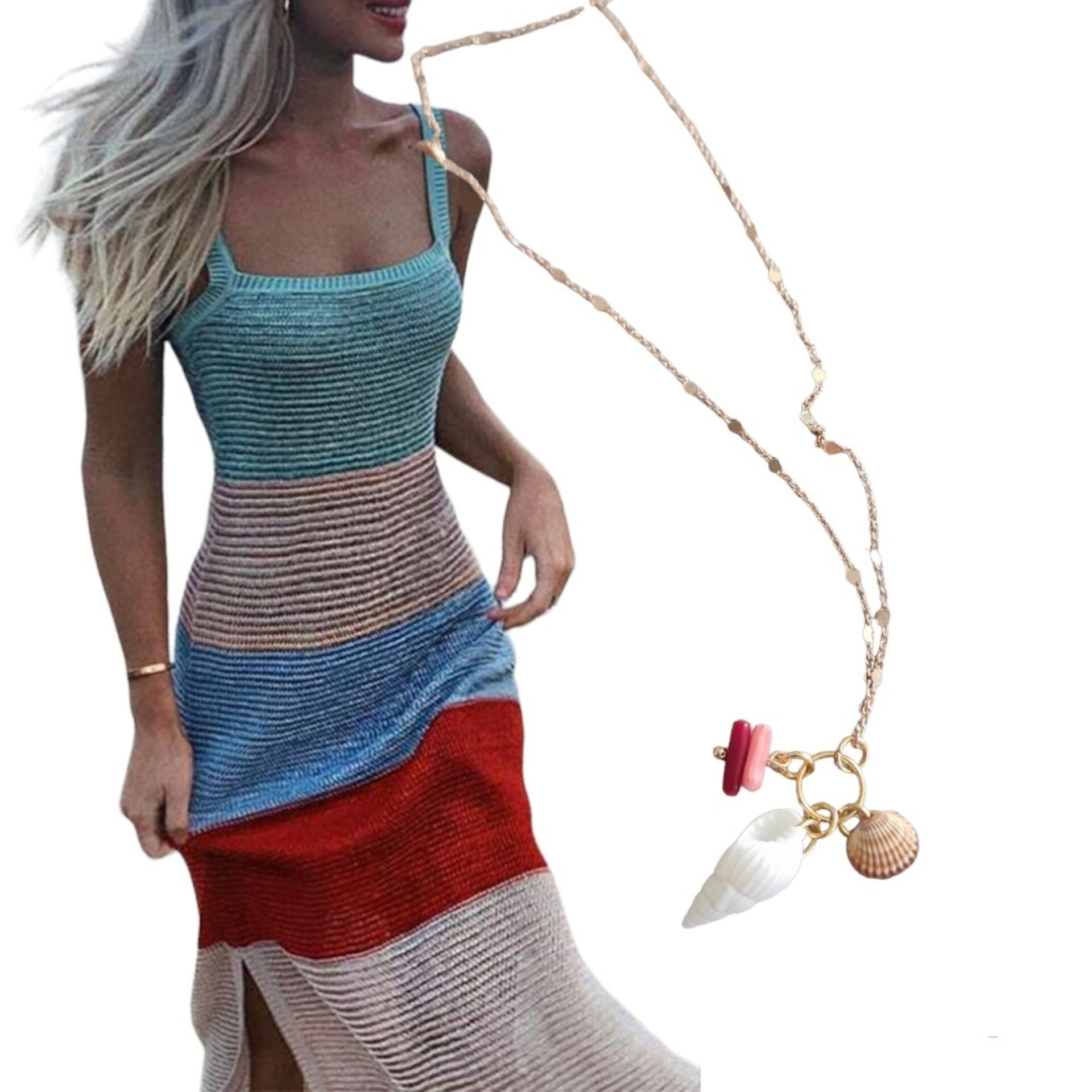 Collar cadena dorada con conchas y coral - 6