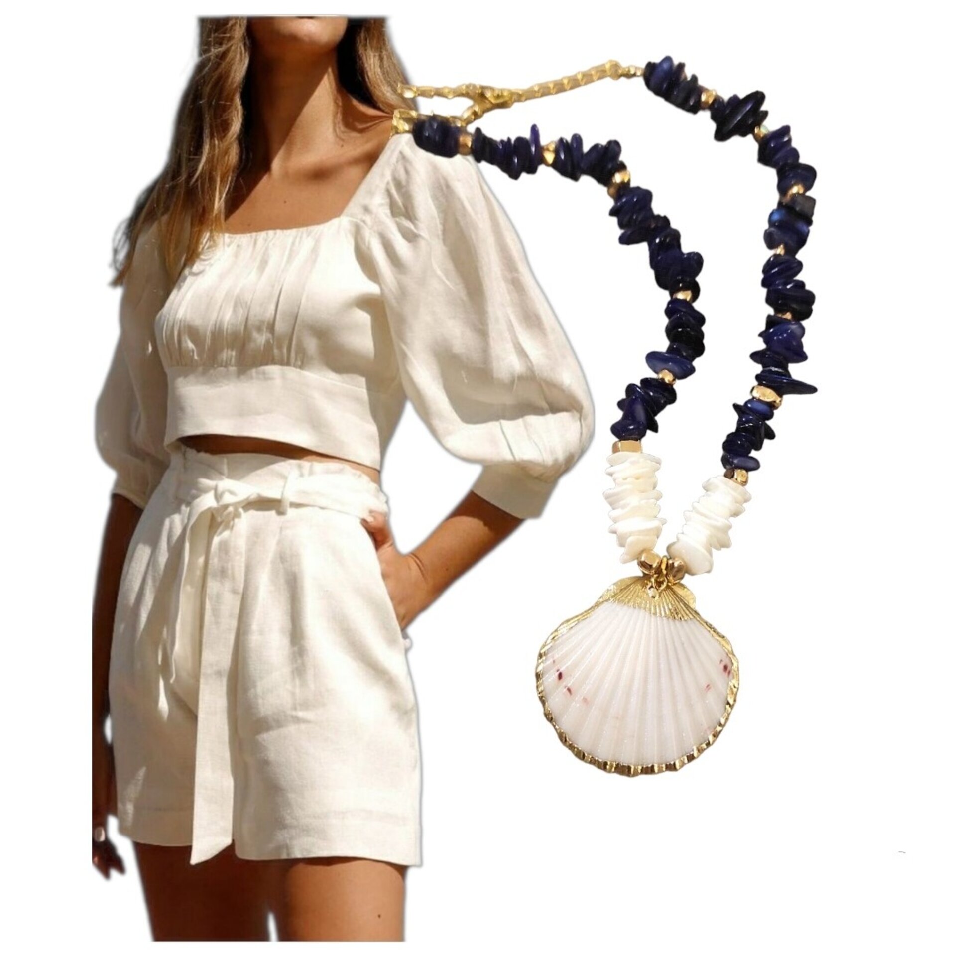 Collar nácar azul y concha marina vieira blanca - 8