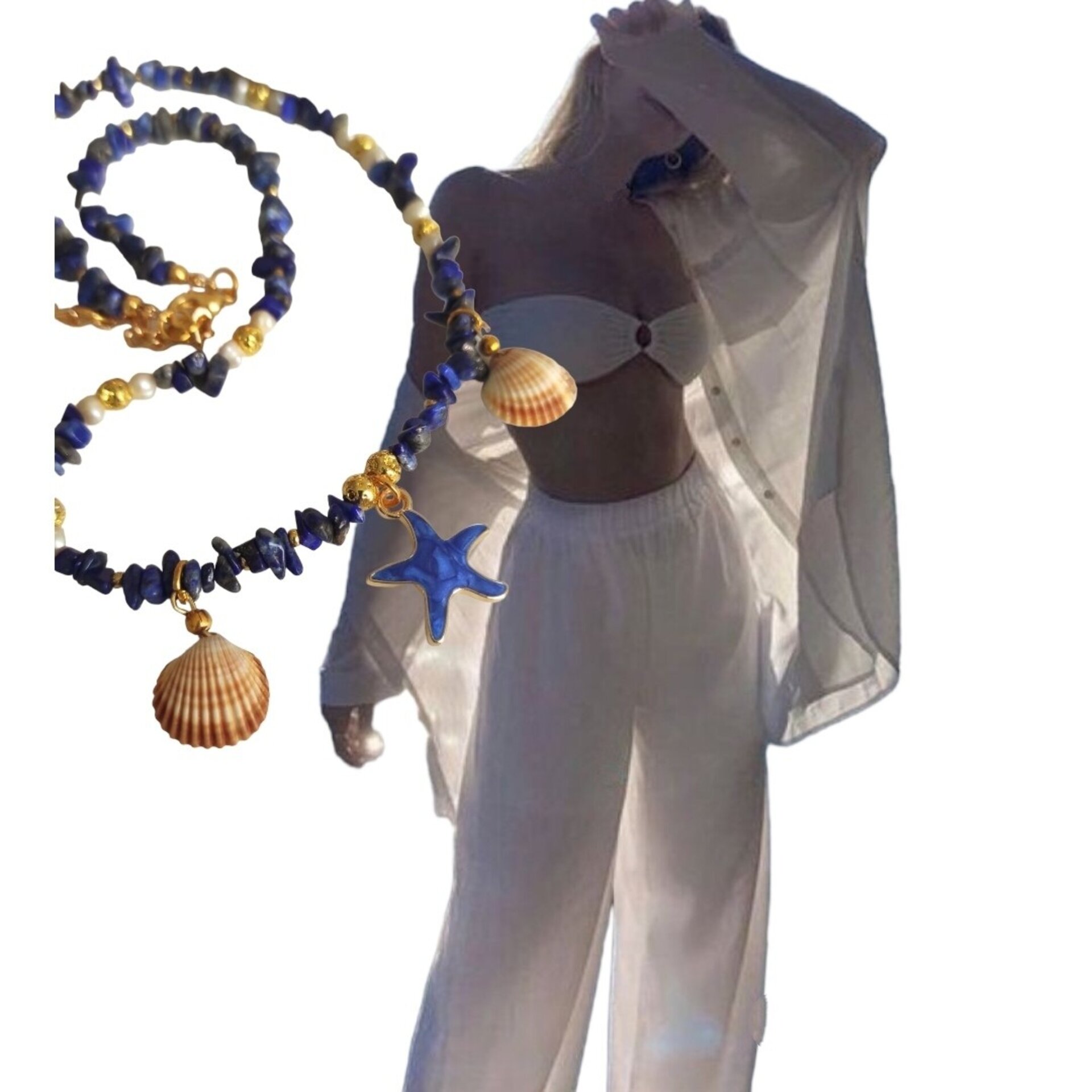 Collar gargantilla lapizlázuli y estrella de mar azul - 8