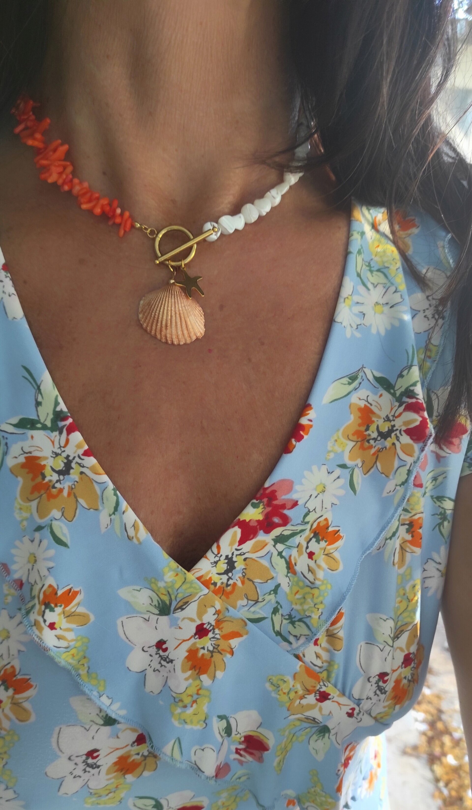 Collar coral bambú naranja y nácar. - 3
