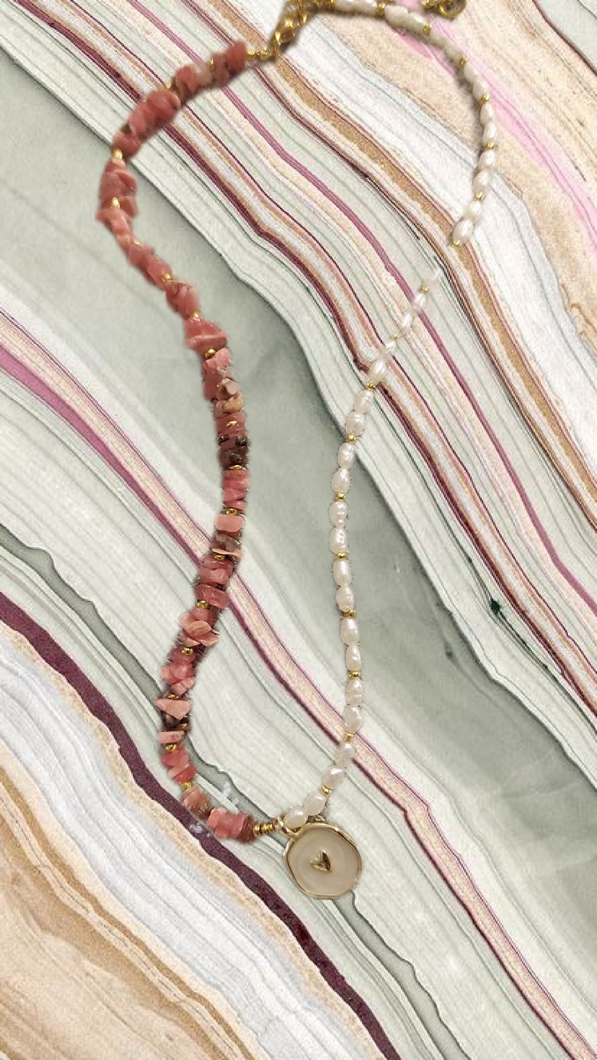 Collar gargantilla de piedras rodocrositas y perla natural - 7