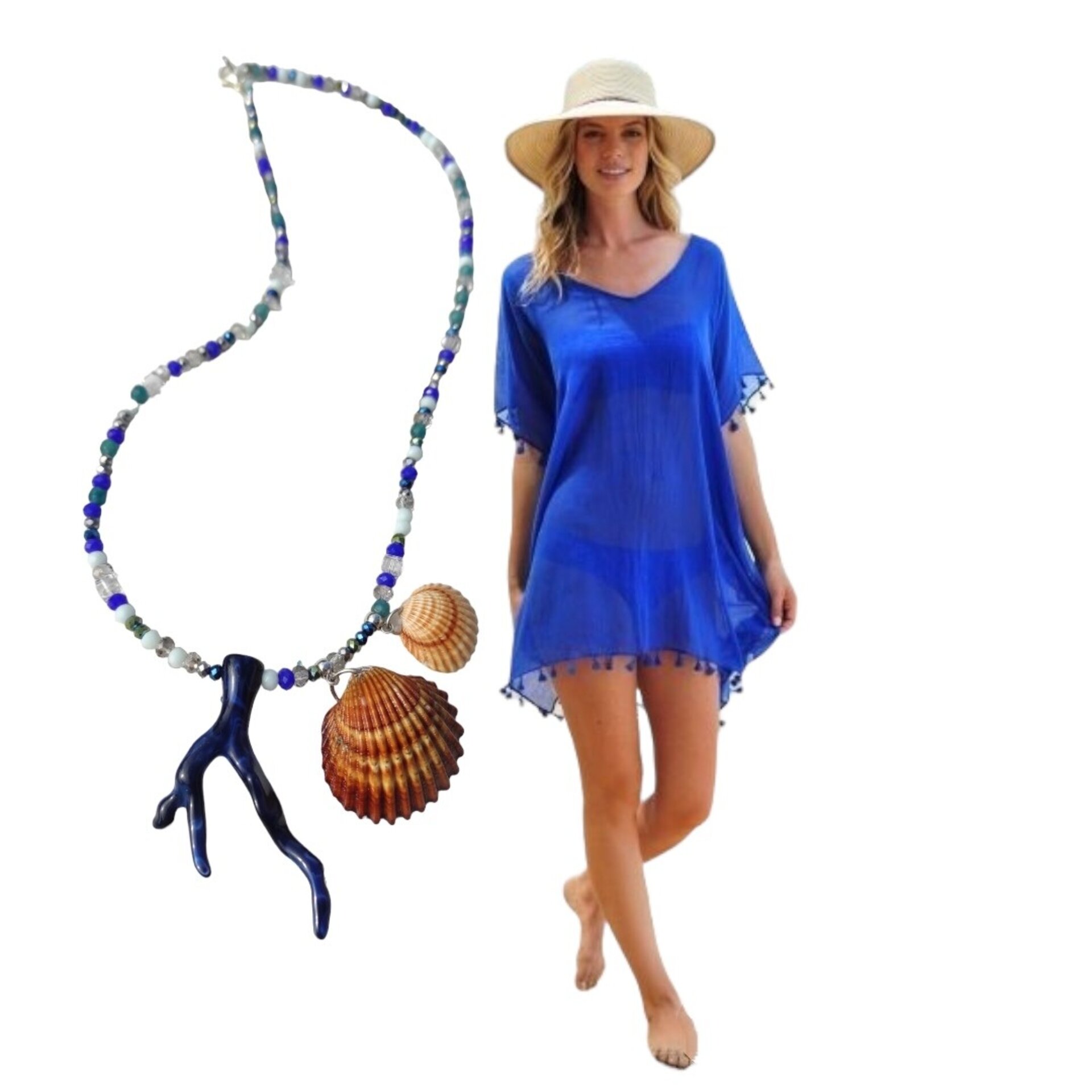 Collar conchas naturales y coral azul - 6