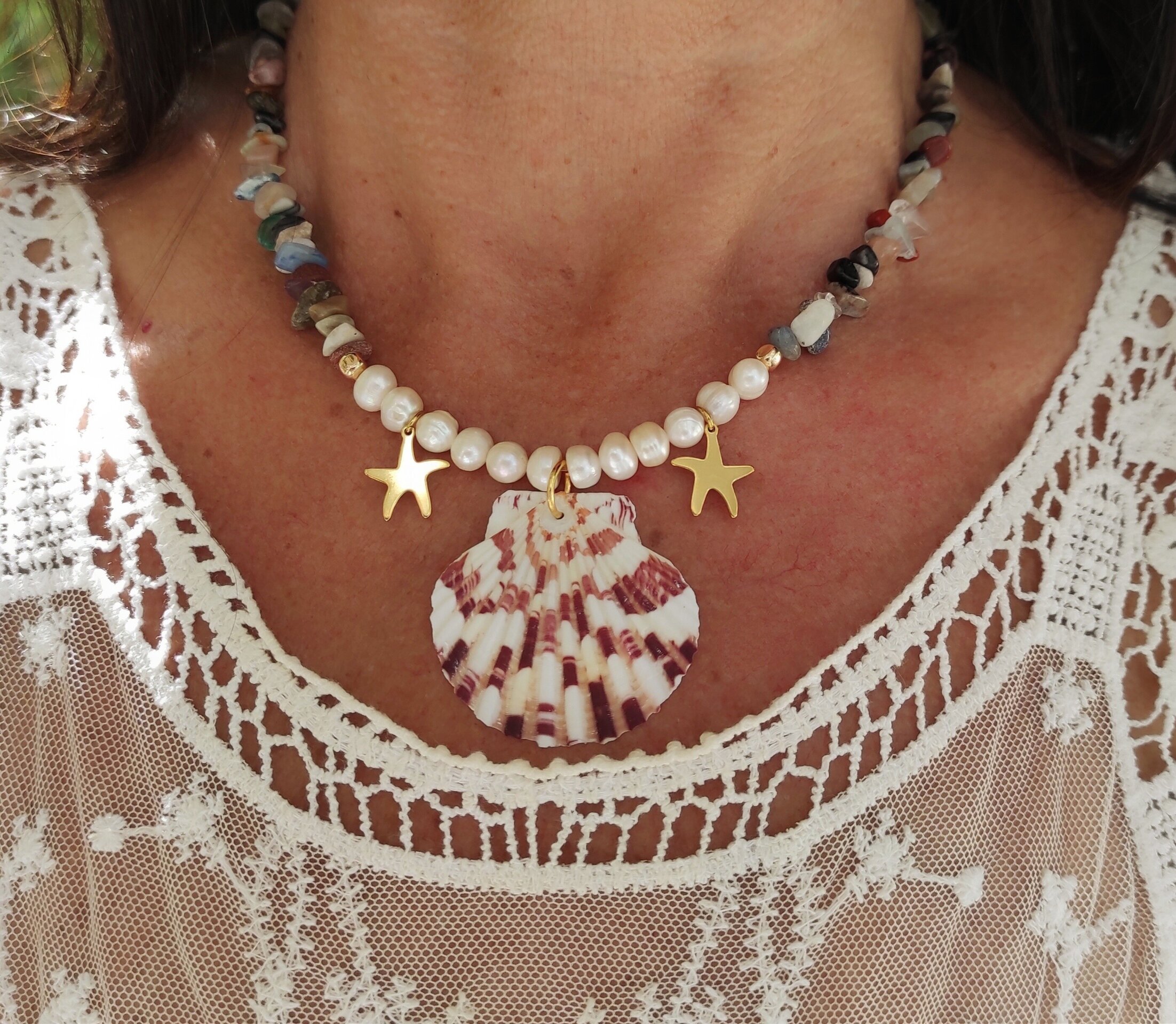 Collar concha Vieira,perla natural y piedras semipreciosas - 4
