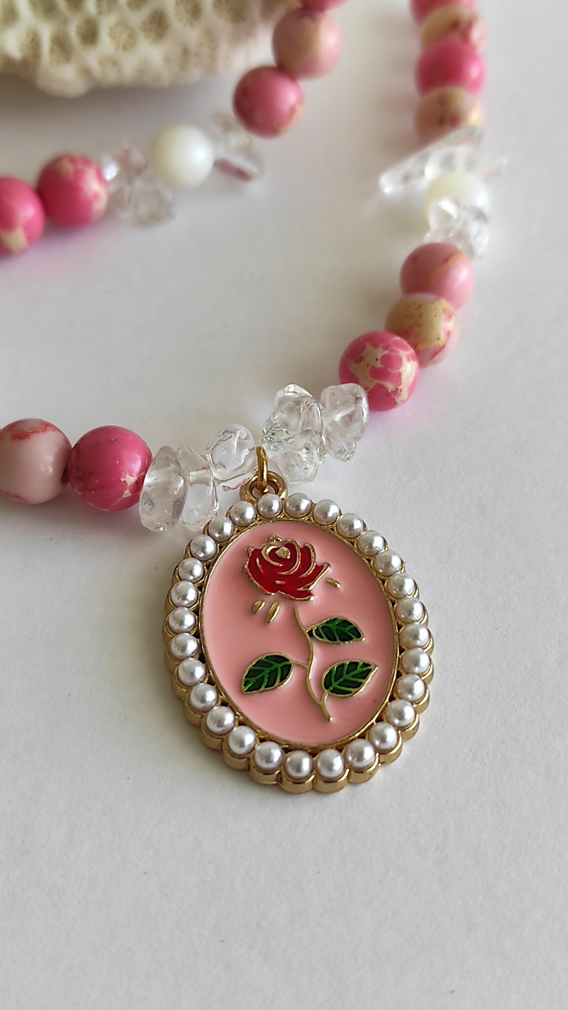 Collar jaspe oceánico con flor rosa - 2