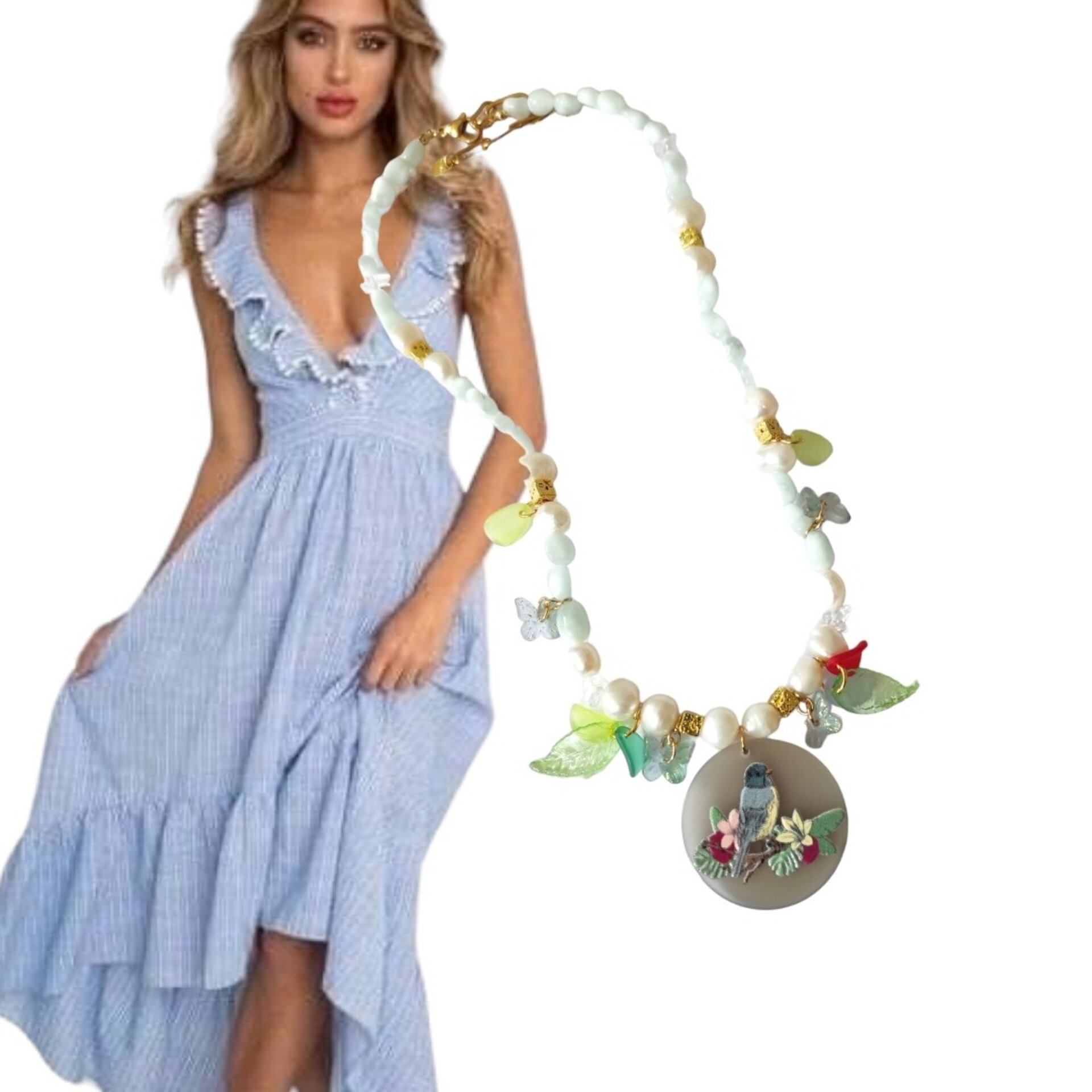 Collar de piedras agua marina y perlas con colgante de pájaro en resina - 7