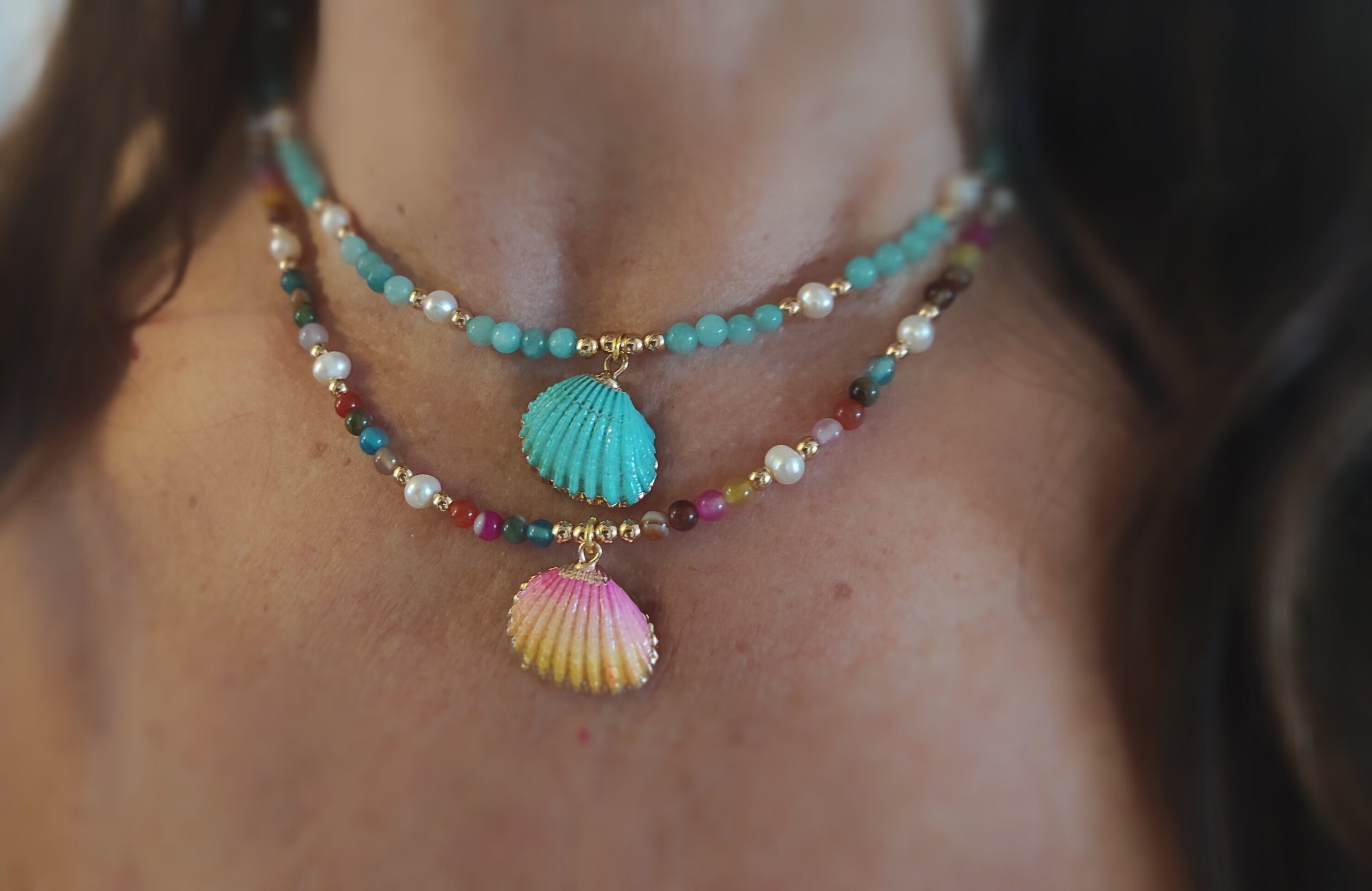 Collar corto concha turquesa y amazonitas - 6