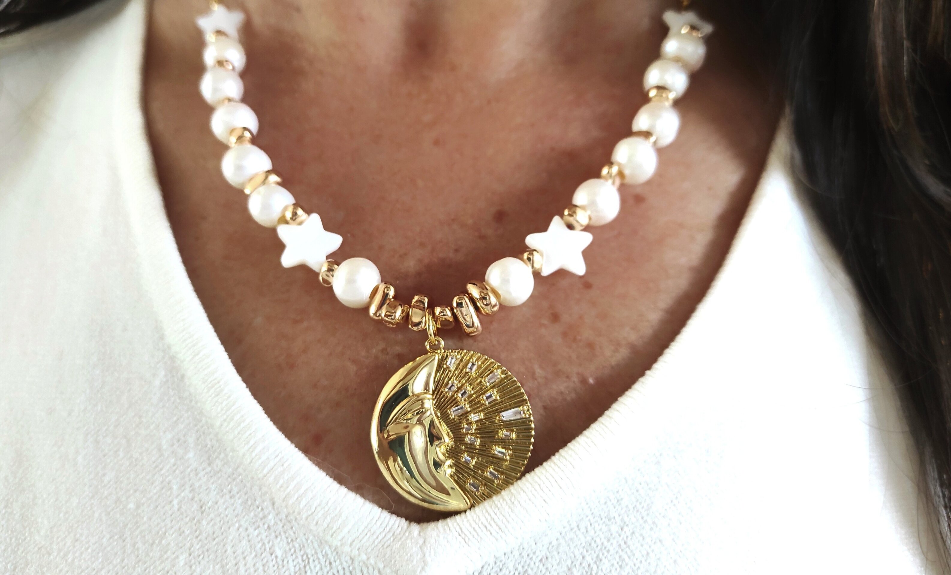 Collar luna y estrella de nácar con perlas - 4