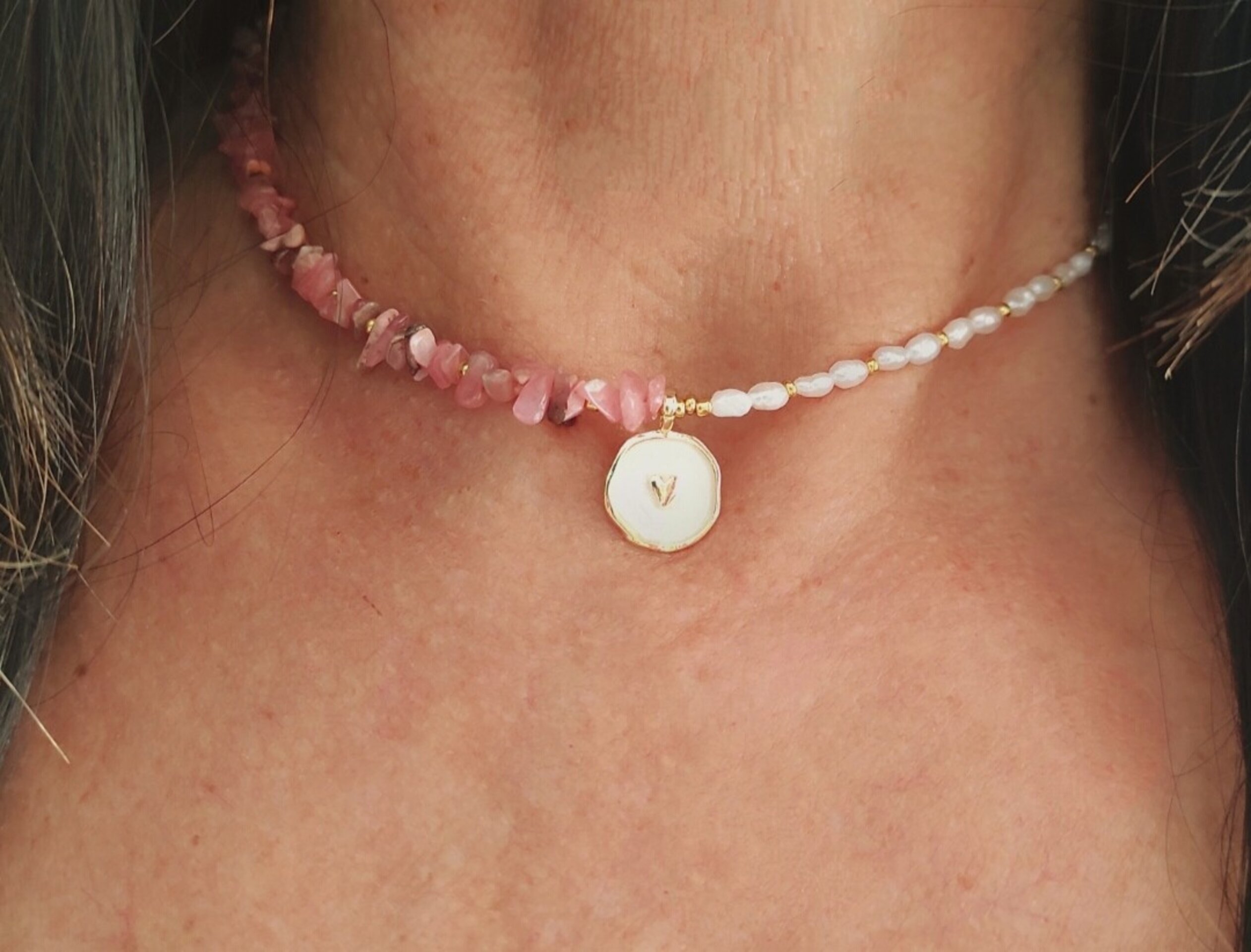 Collar gargantilla de piedras rodocrositas y perla natural - 5