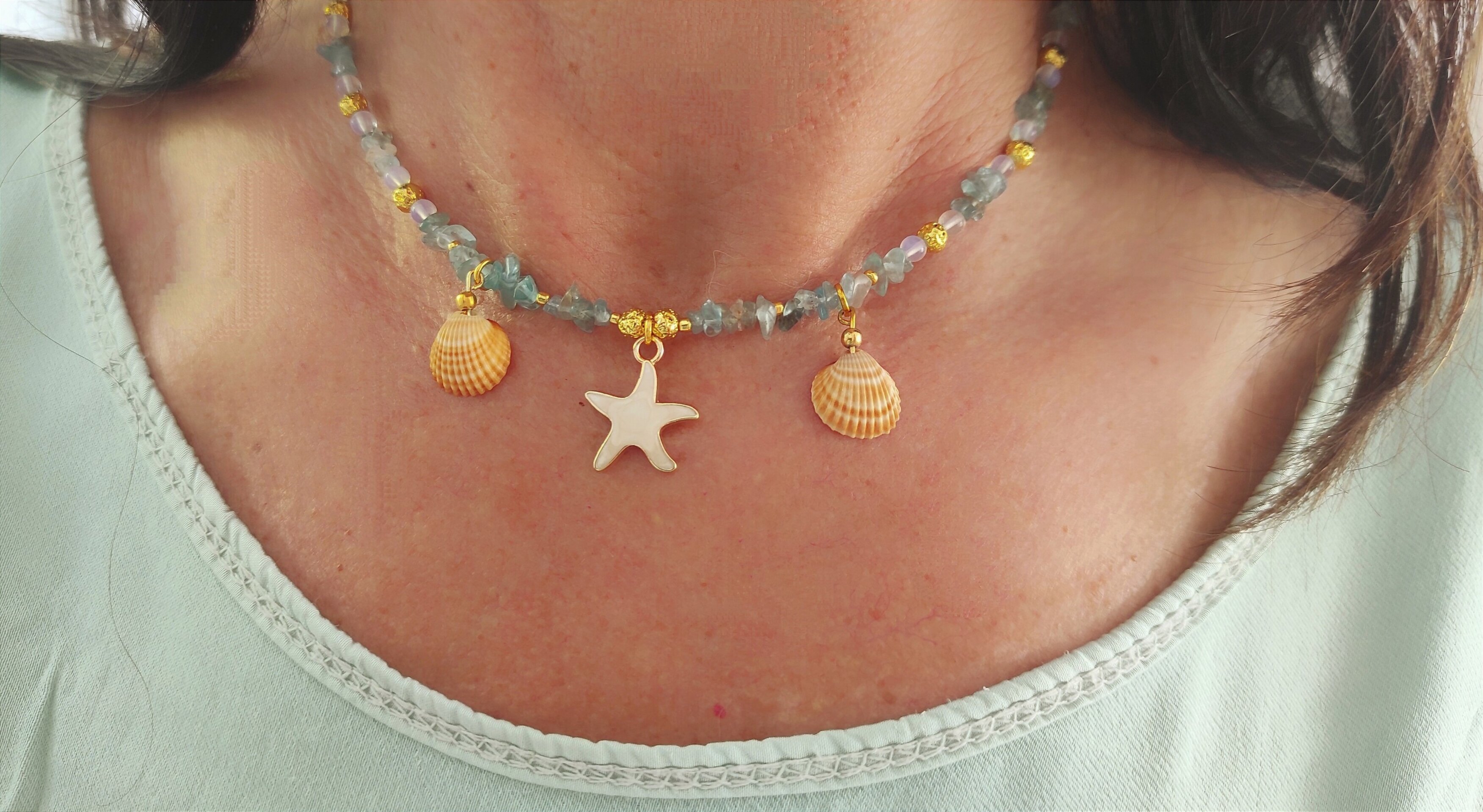 Collar gargantilla agua marina y estrella de mar blanca. - 6