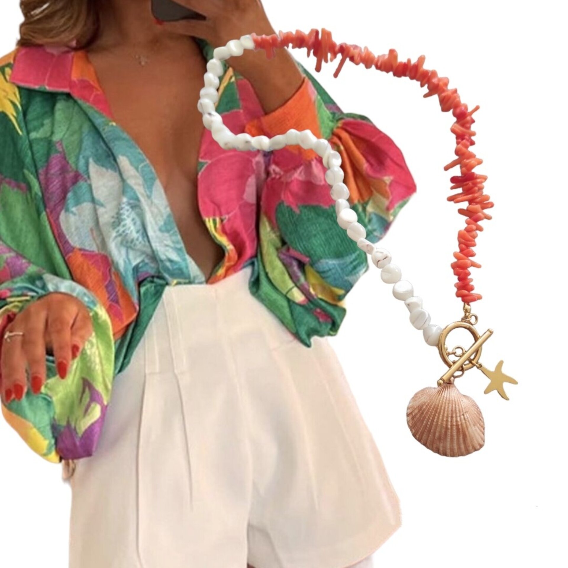 Collar coral bambú naranja y nácar. - 9