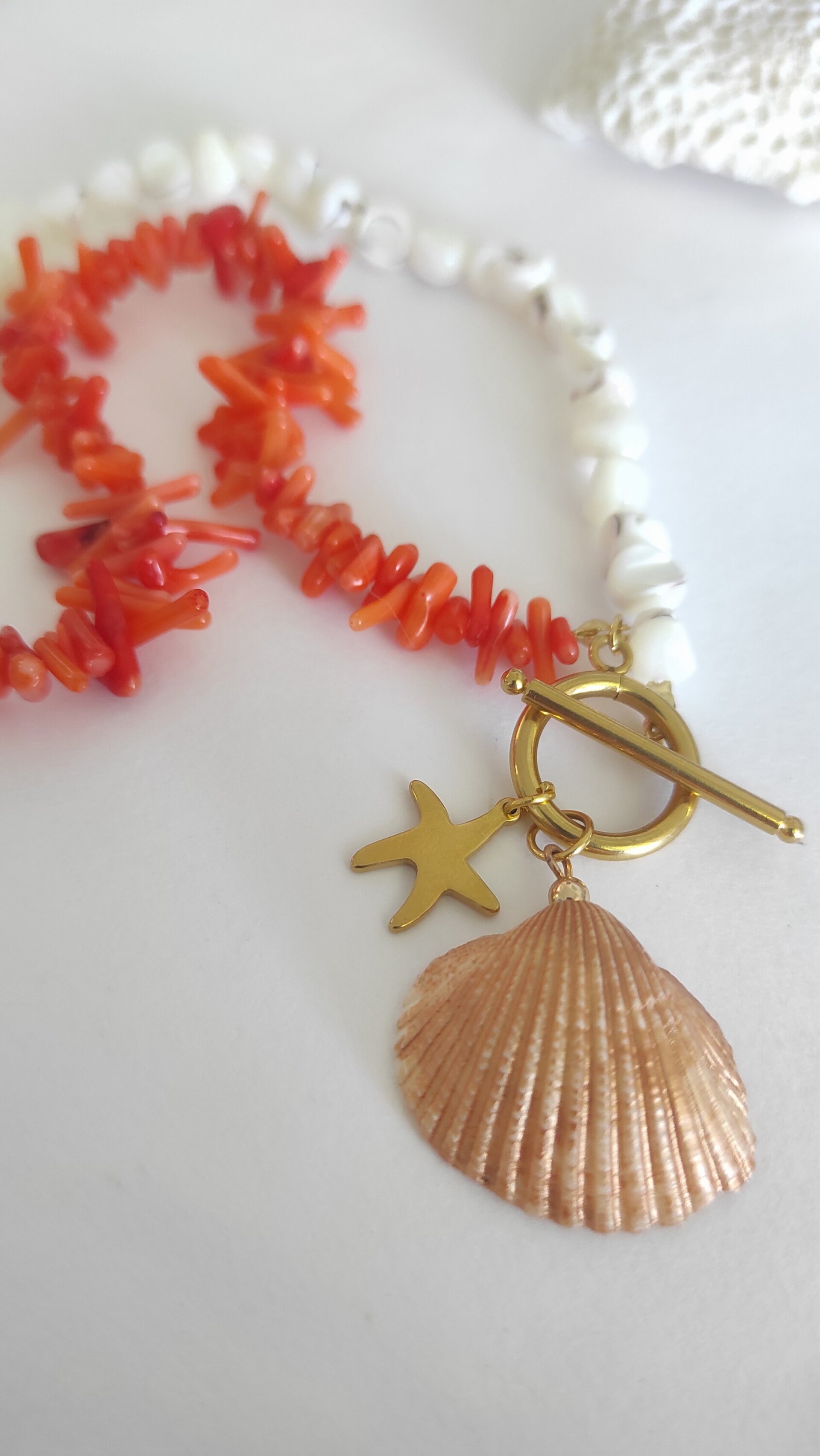 Collar coral bambú naranja y nácar. - 5