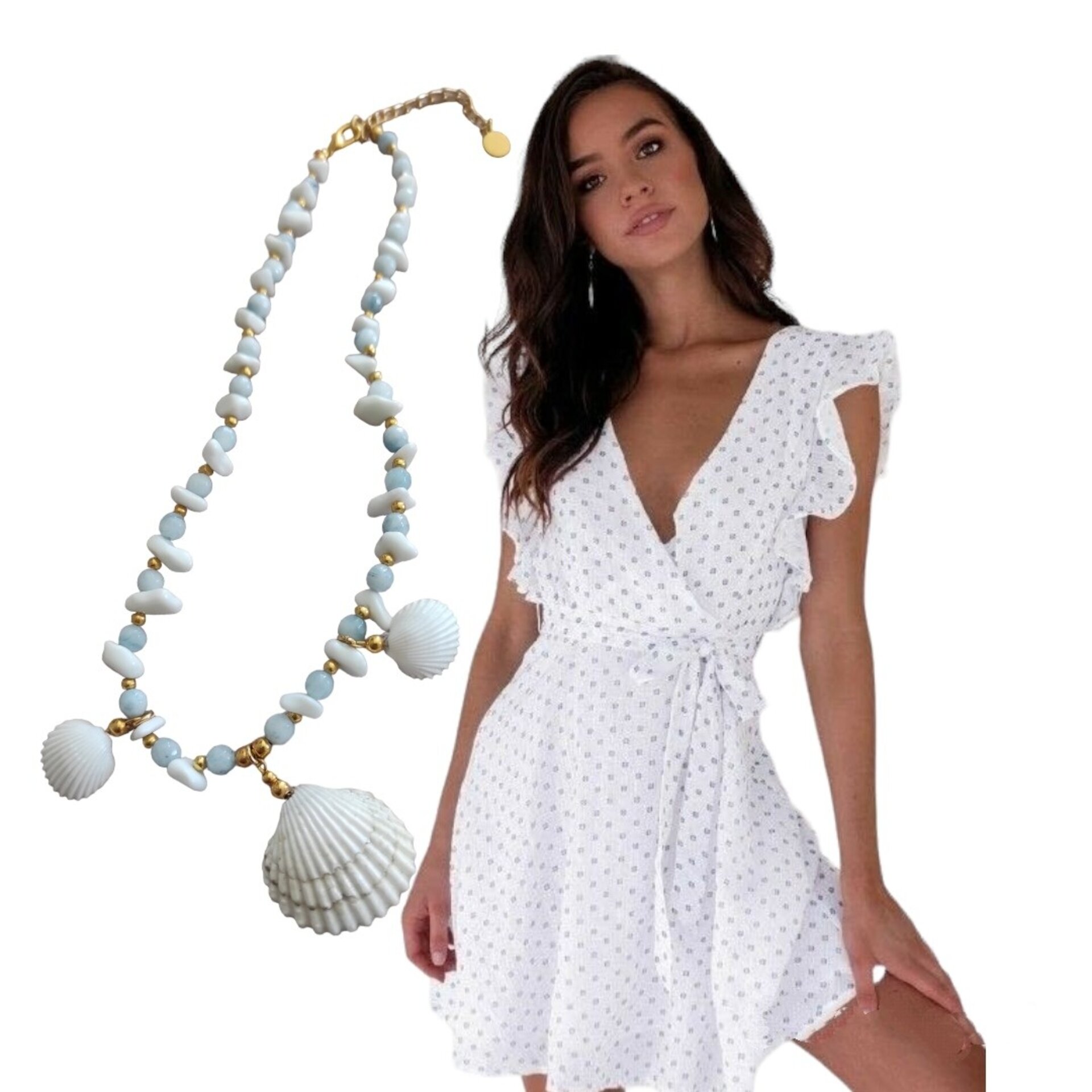 Collar tres conchas blancas, piedras semipreciosas de agua marina y ágata blanca - 6