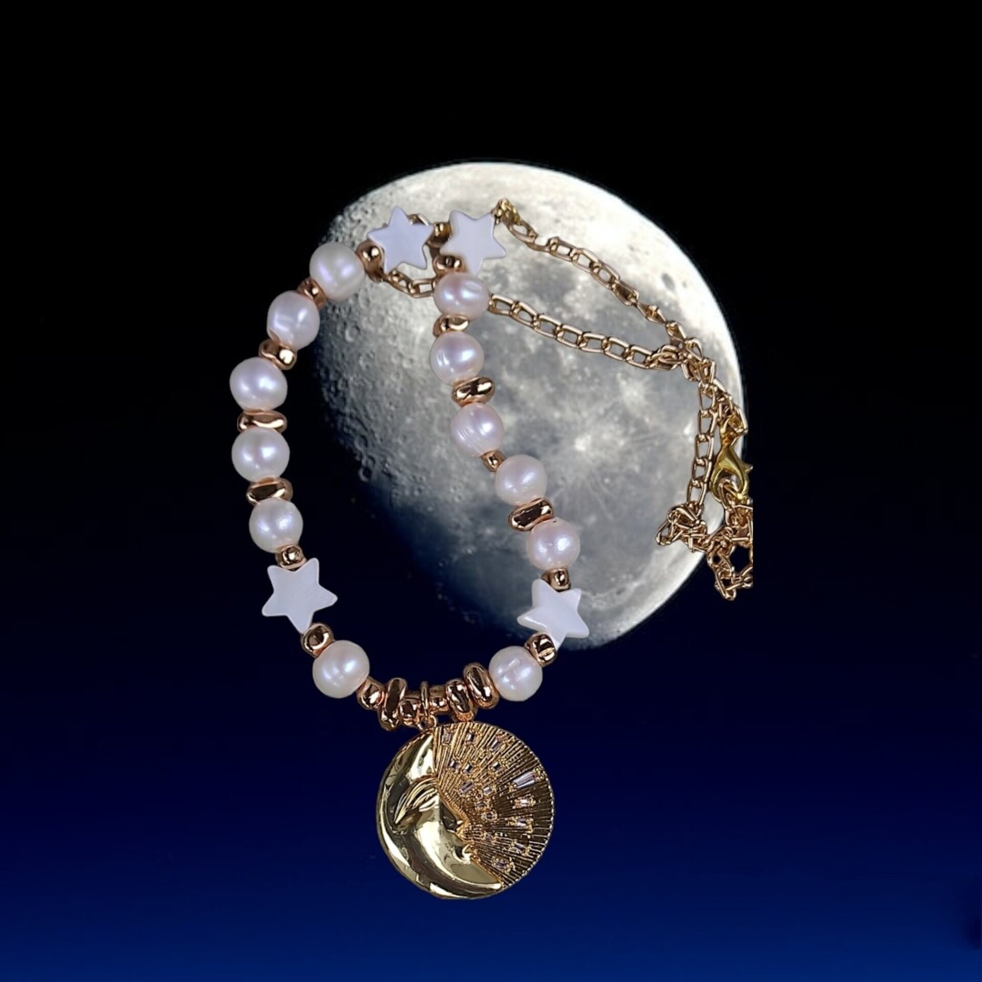 Collar luna y estrella de nácar con perlas - 7