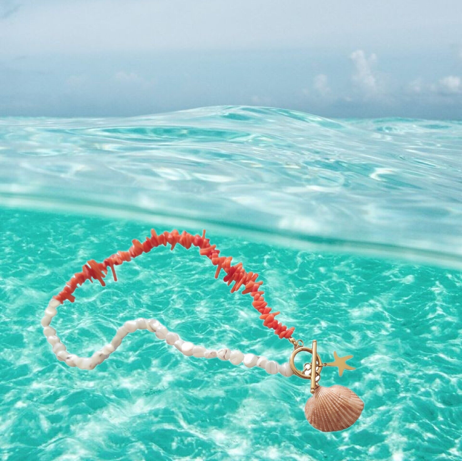 Collar coral bambú naranja y nácar. - 10
