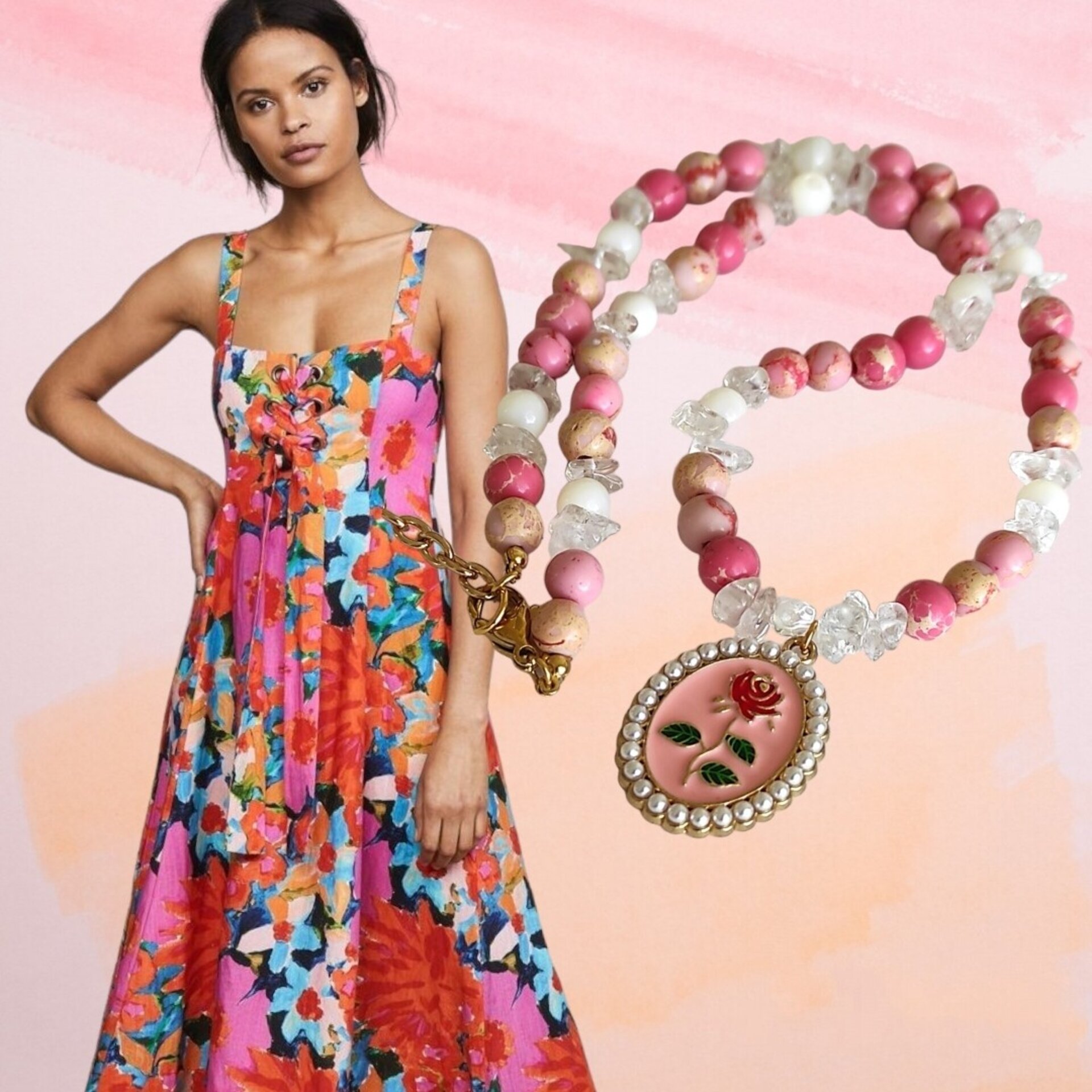 Collar jaspe oceánico con flor rosa - 6