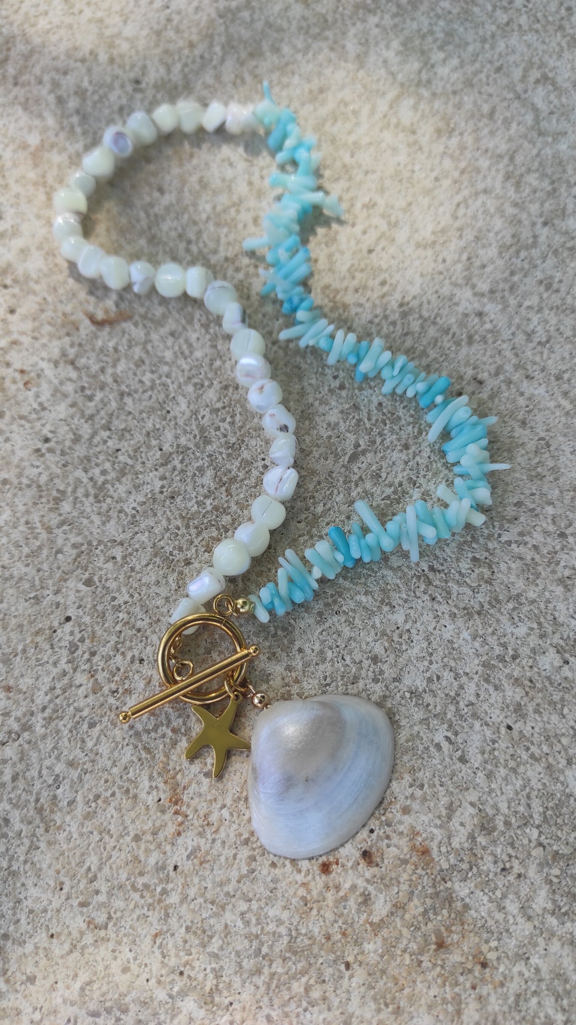 Collar coral bambú azul y nácar - 5