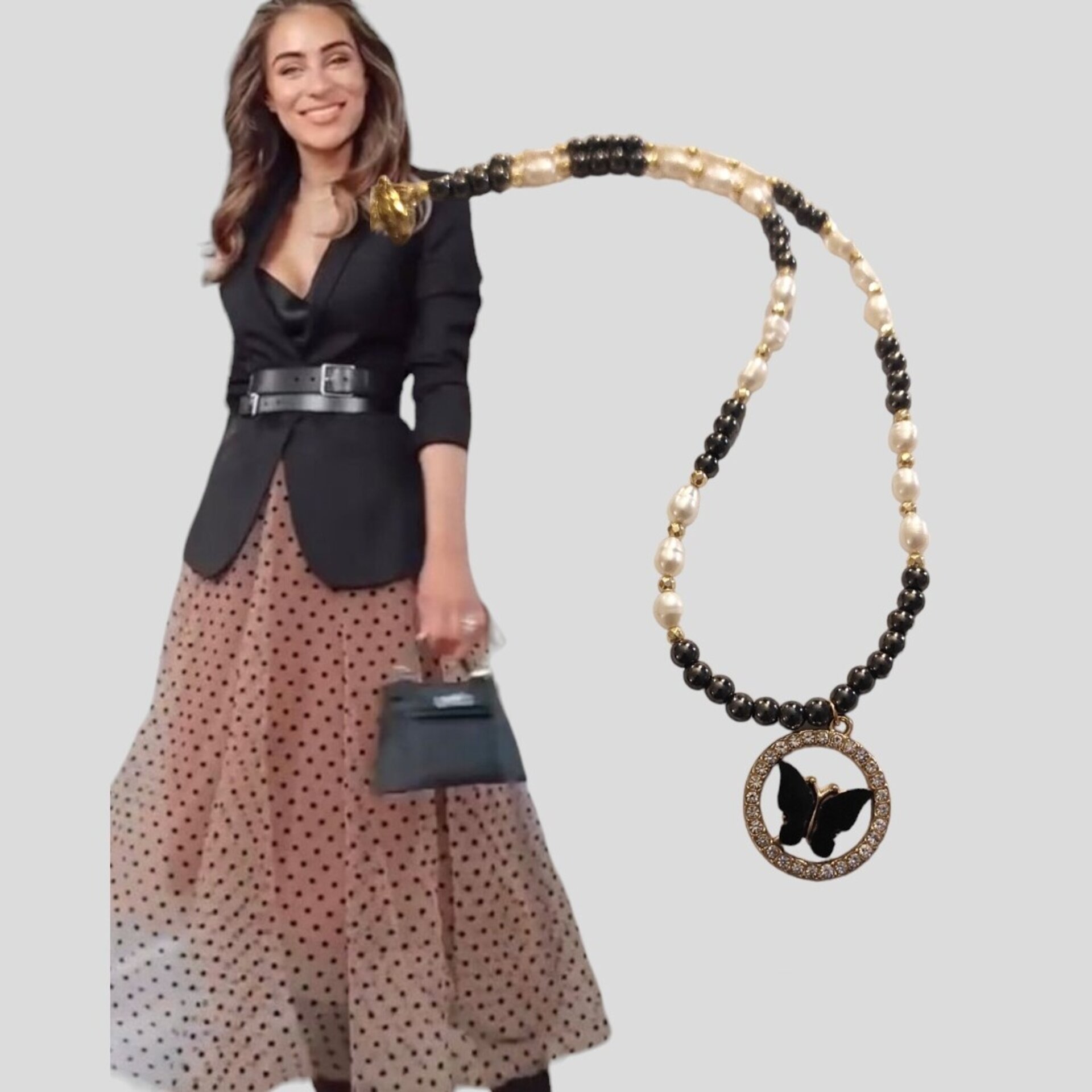 Collar perlas, hematítes y mariposa negra - 6