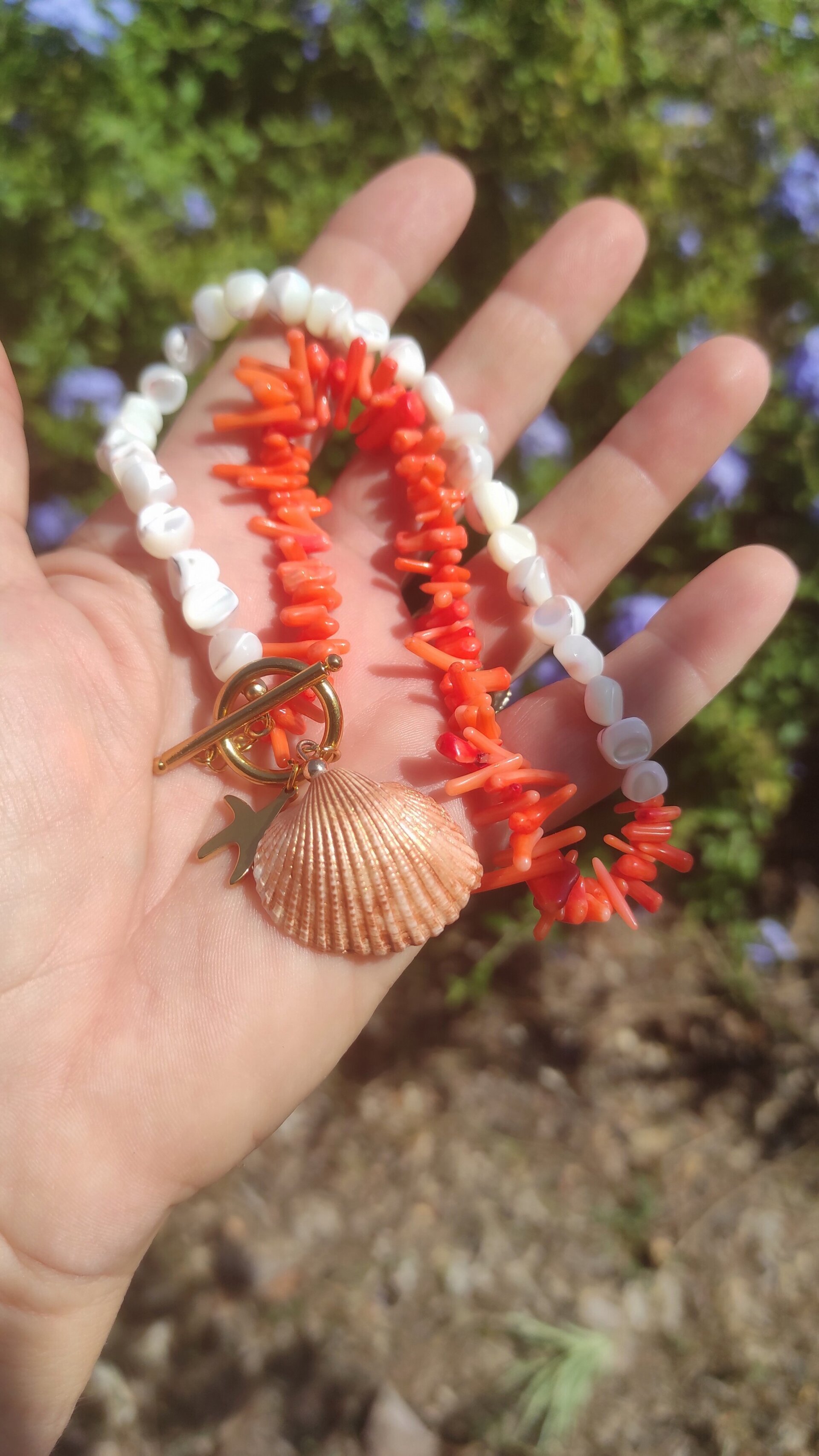 Collar coral bambú naranja y nácar. - 6