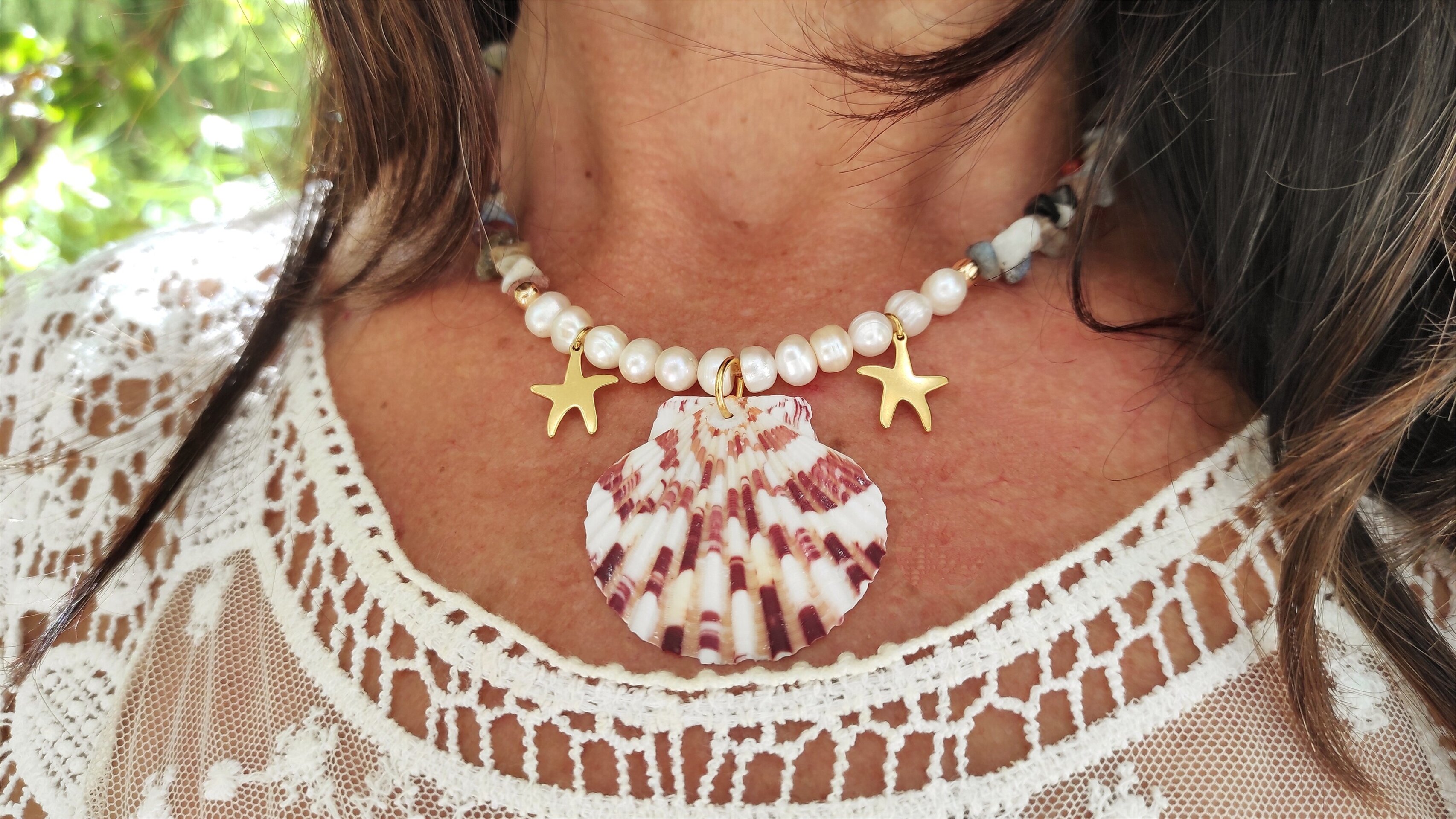 Collar concha Vieira,perla natural y piedras semipreciosas - 6