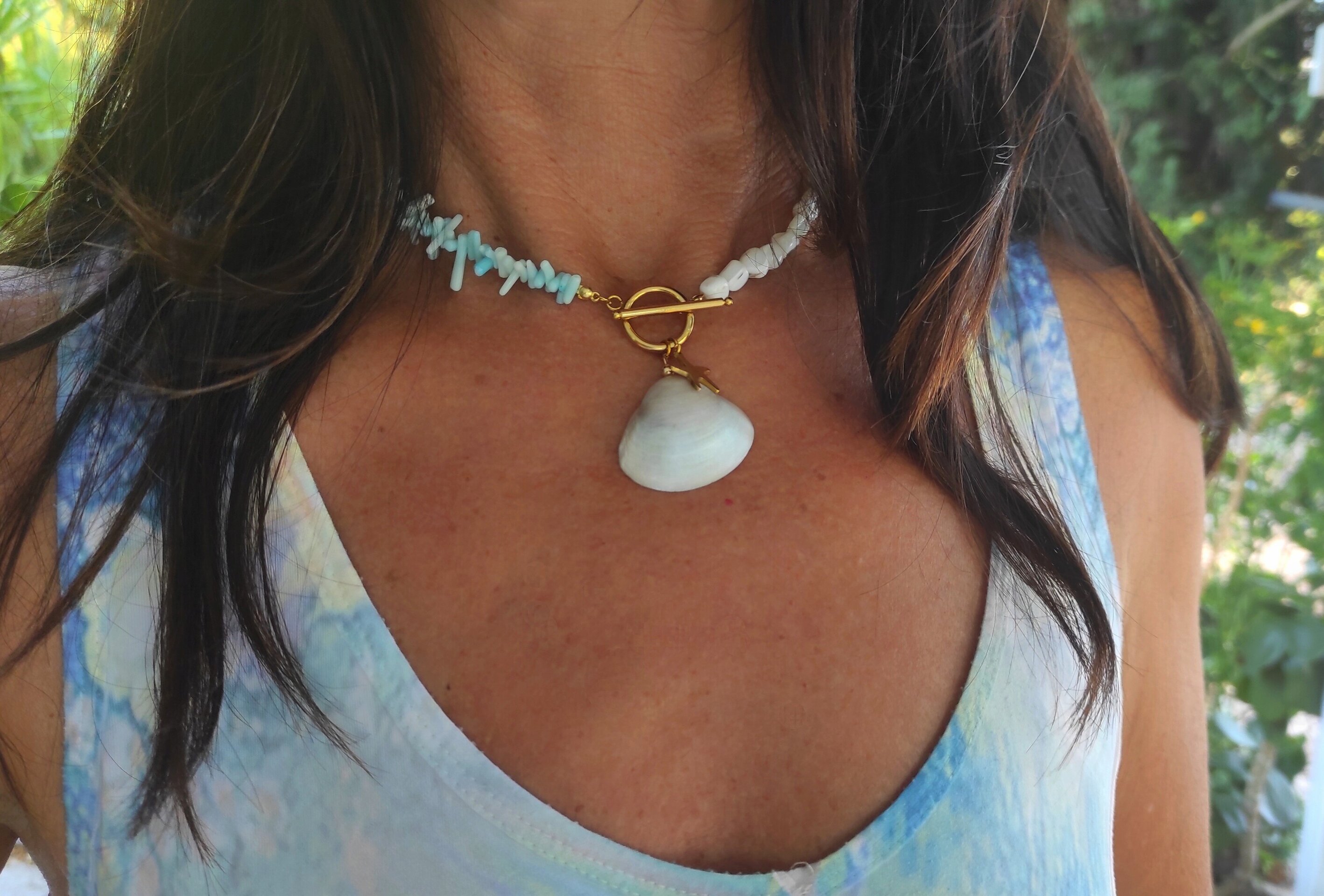 Collar coral bambú azul y nácar - 6