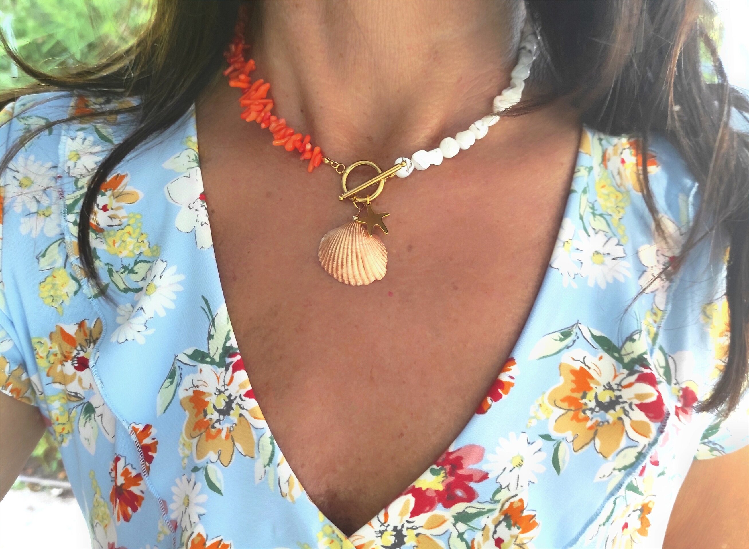 Collar coral bambú naranja y nácar. - 4