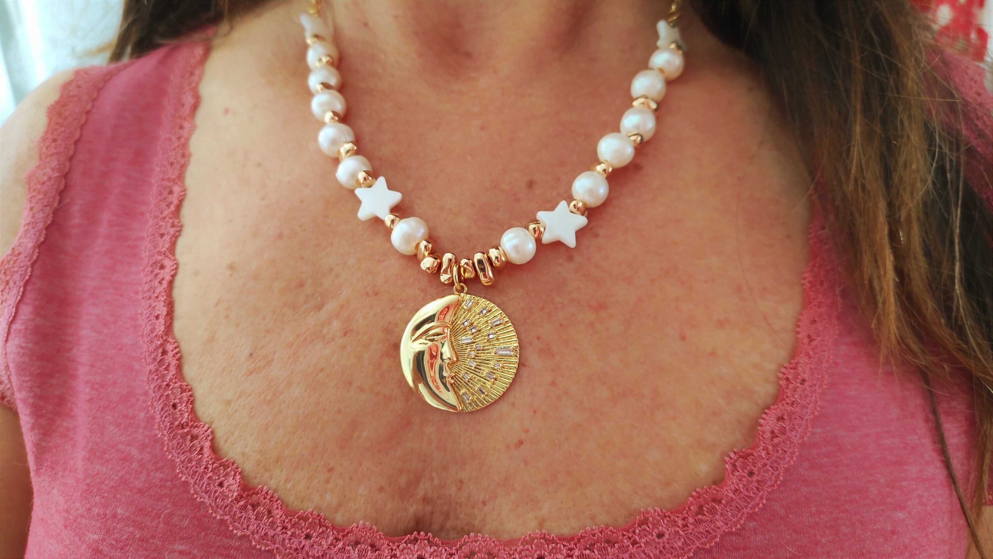 Collar luna y estrella de nácar con perlas - 5