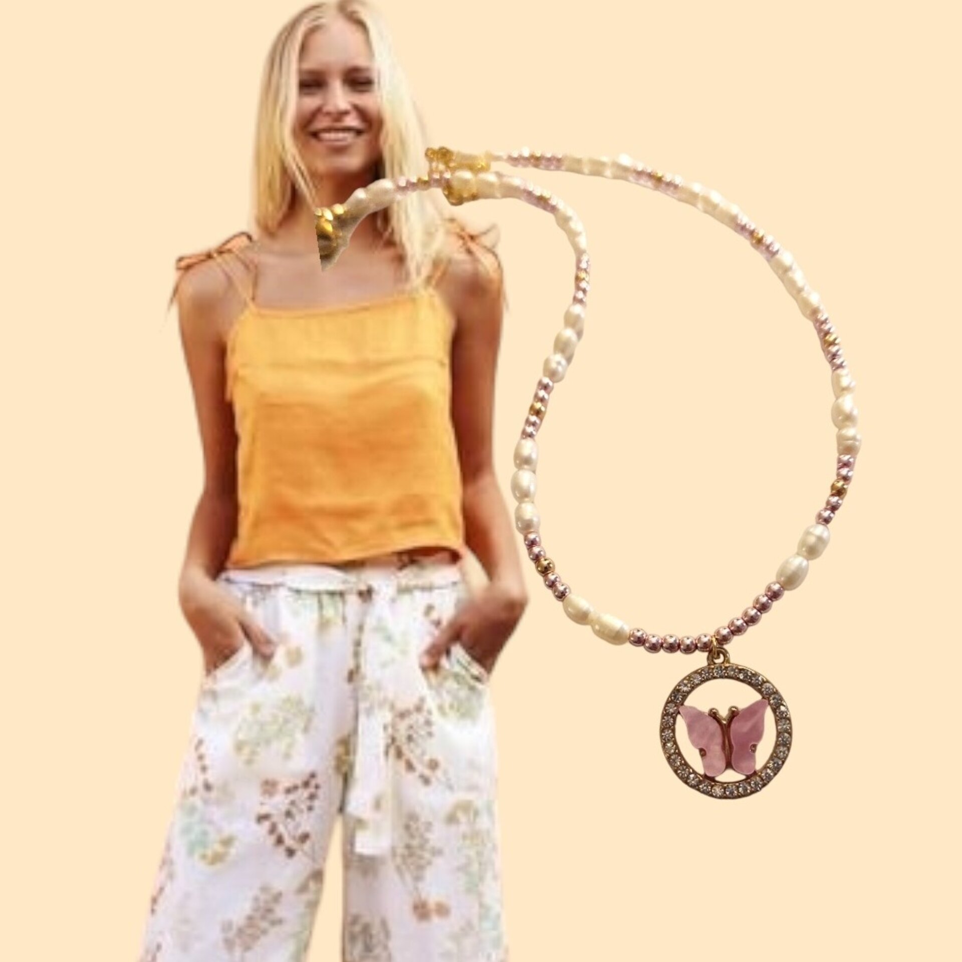 Collar Perlas y hematítes rosa con colgante mariposa rosa. - 5