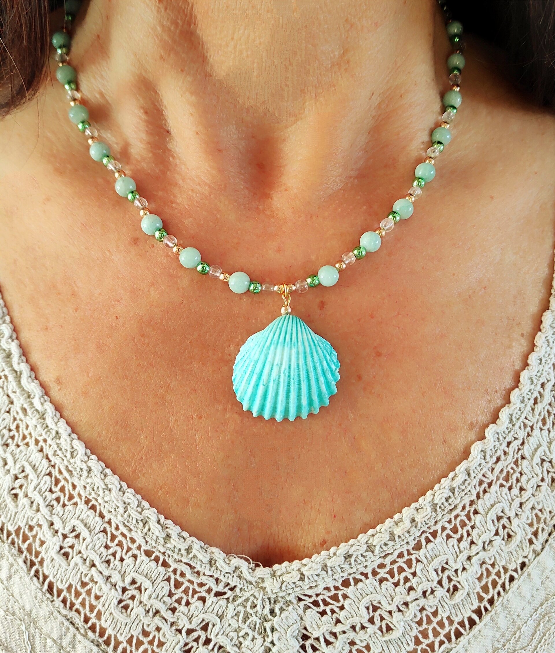 Collar Concha verde mar y amazonitas - 5